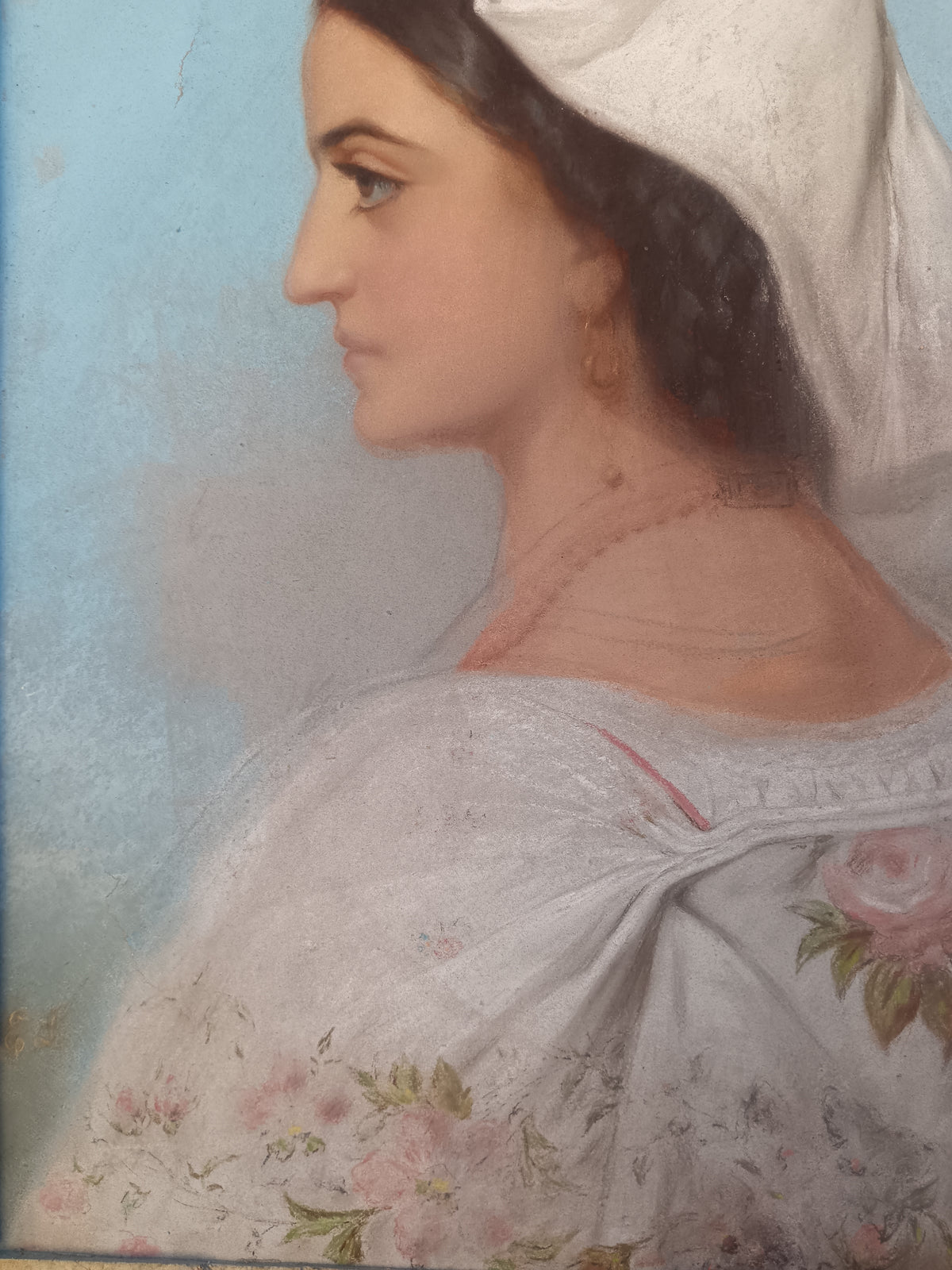 Dipinto Antico Pastello su Tela Fine 800 Ritratto Donna Profilo Cornice Oro