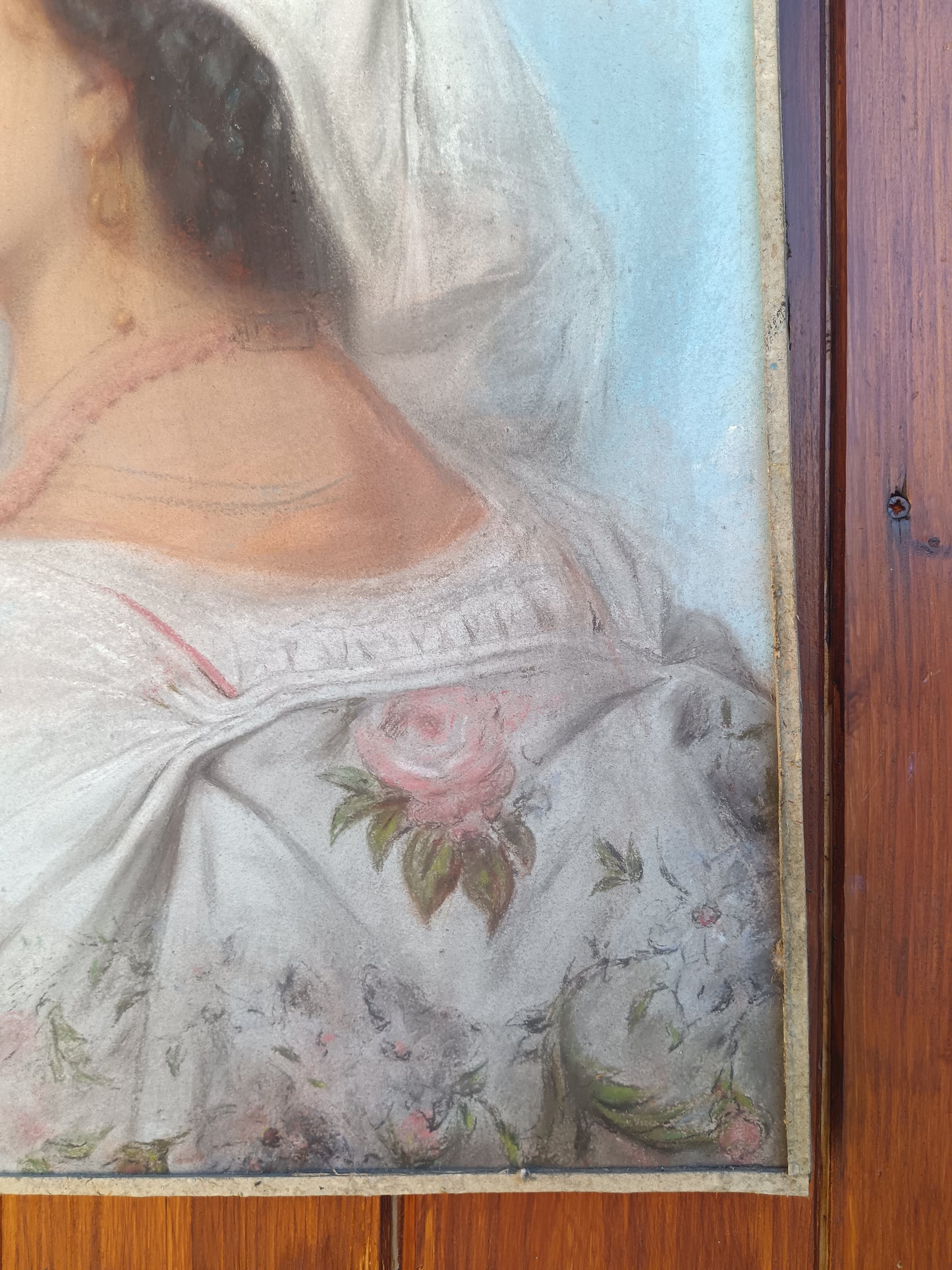 Dipinto Antico Pastello su Tela Fine 800 Ritratto Donna Profilo Cornice Oro