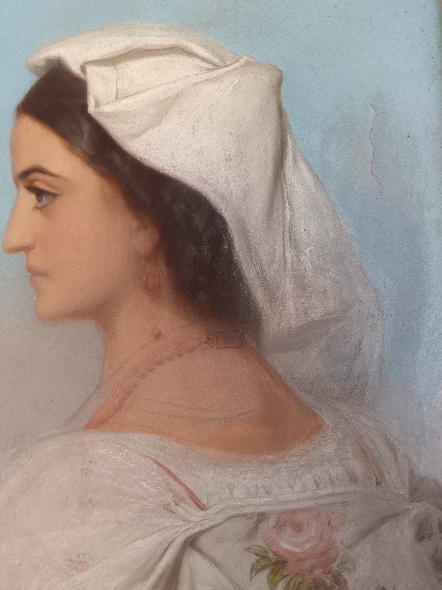 Dipinto Antico Pastello su Tela Fine 800 Ritratto Donna Profilo Cornice Oro
