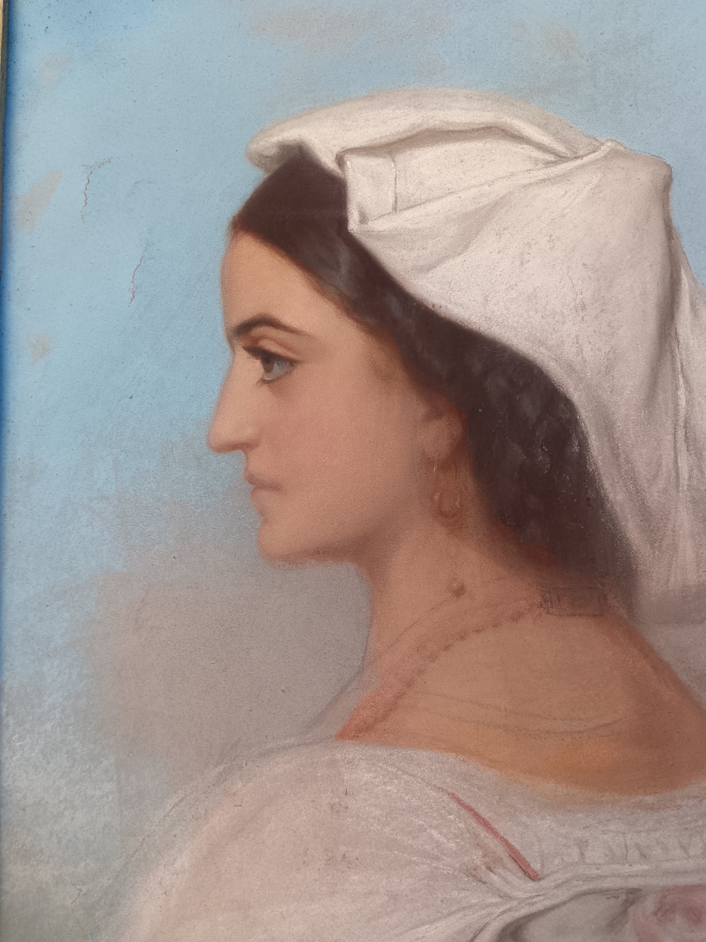Dipinto Antico Pastello su Tela Fine 800 Ritratto Donna Profilo Cornice Oro