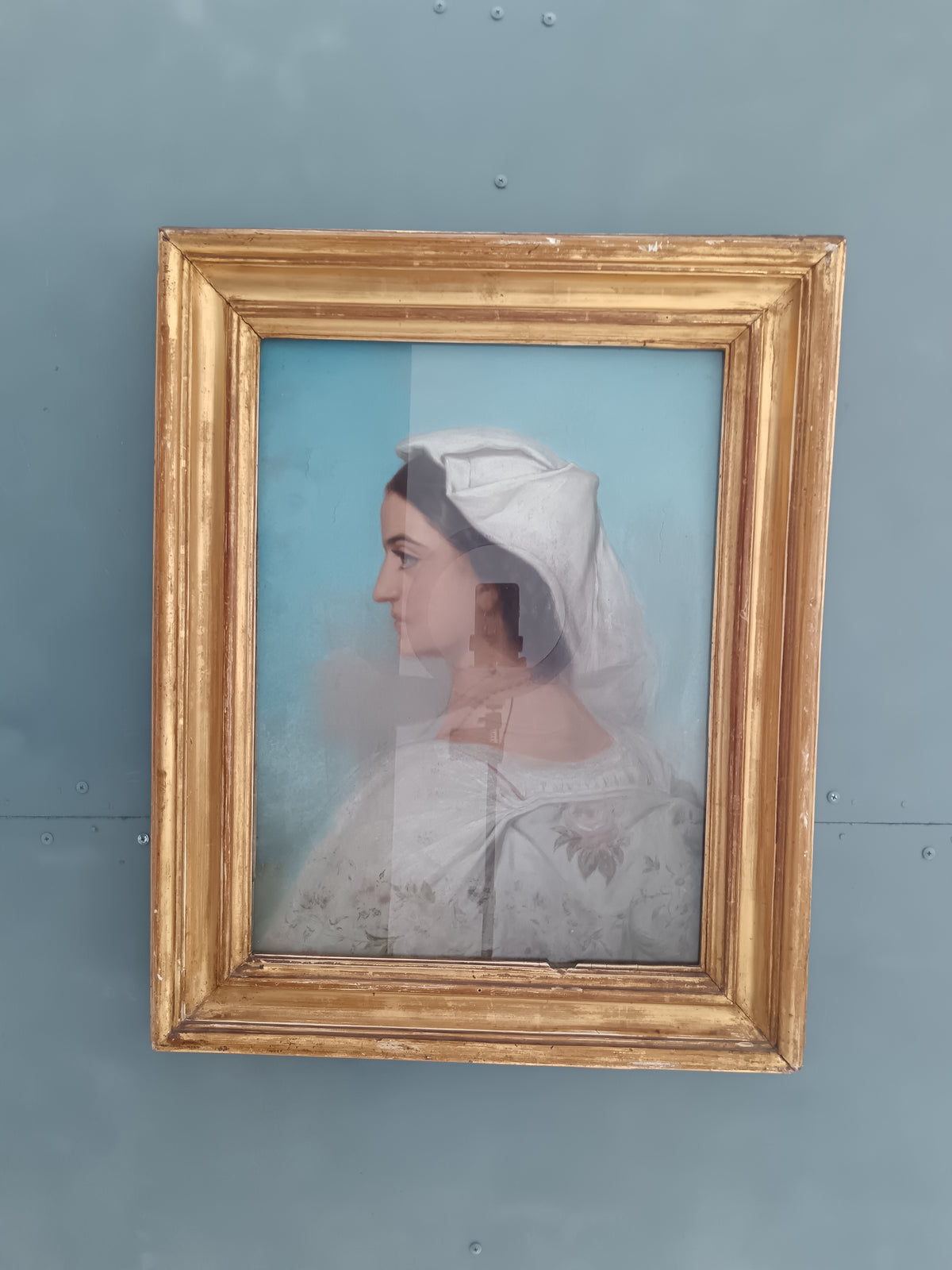 Dipinto Antico Pastello su Tela Fine 800 Ritratto Donna Profilo Cornice Oro