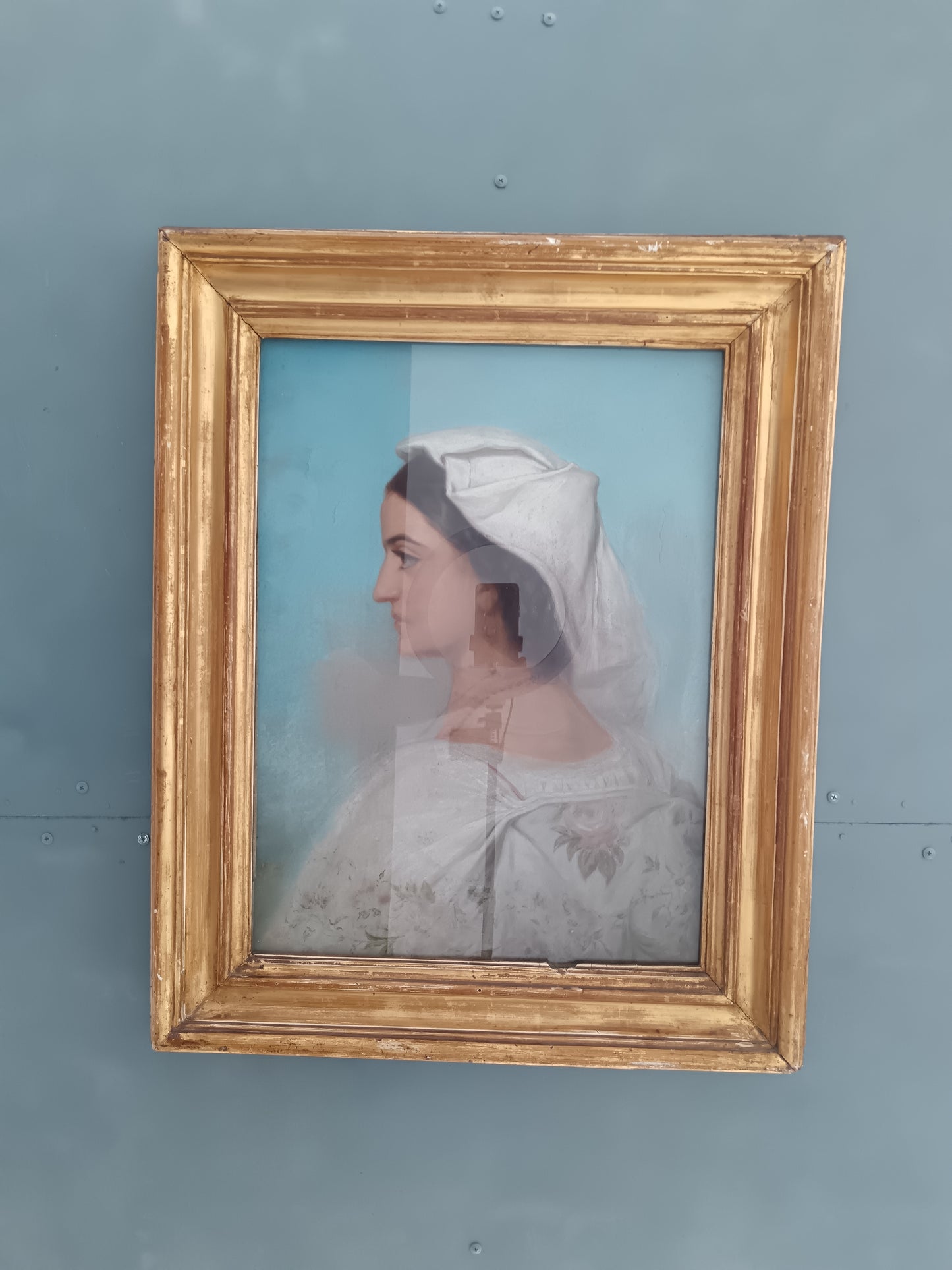 Dipinto Antico Pastello su Tela Fine 800 Ritratto Donna Profilo Cornice Oro