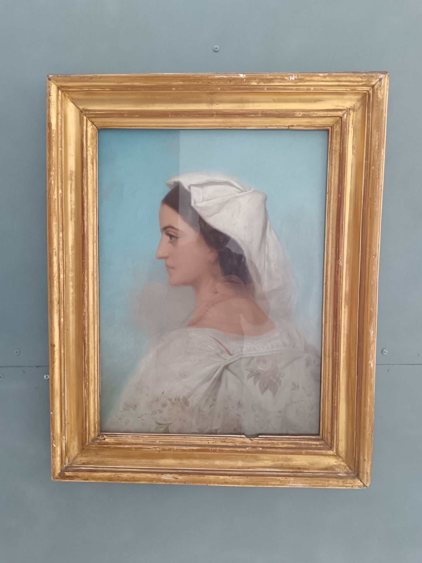 Dipinto Antico Pastello su Tela Fine 800 Ritratto Donna Profilo Cornice Oro