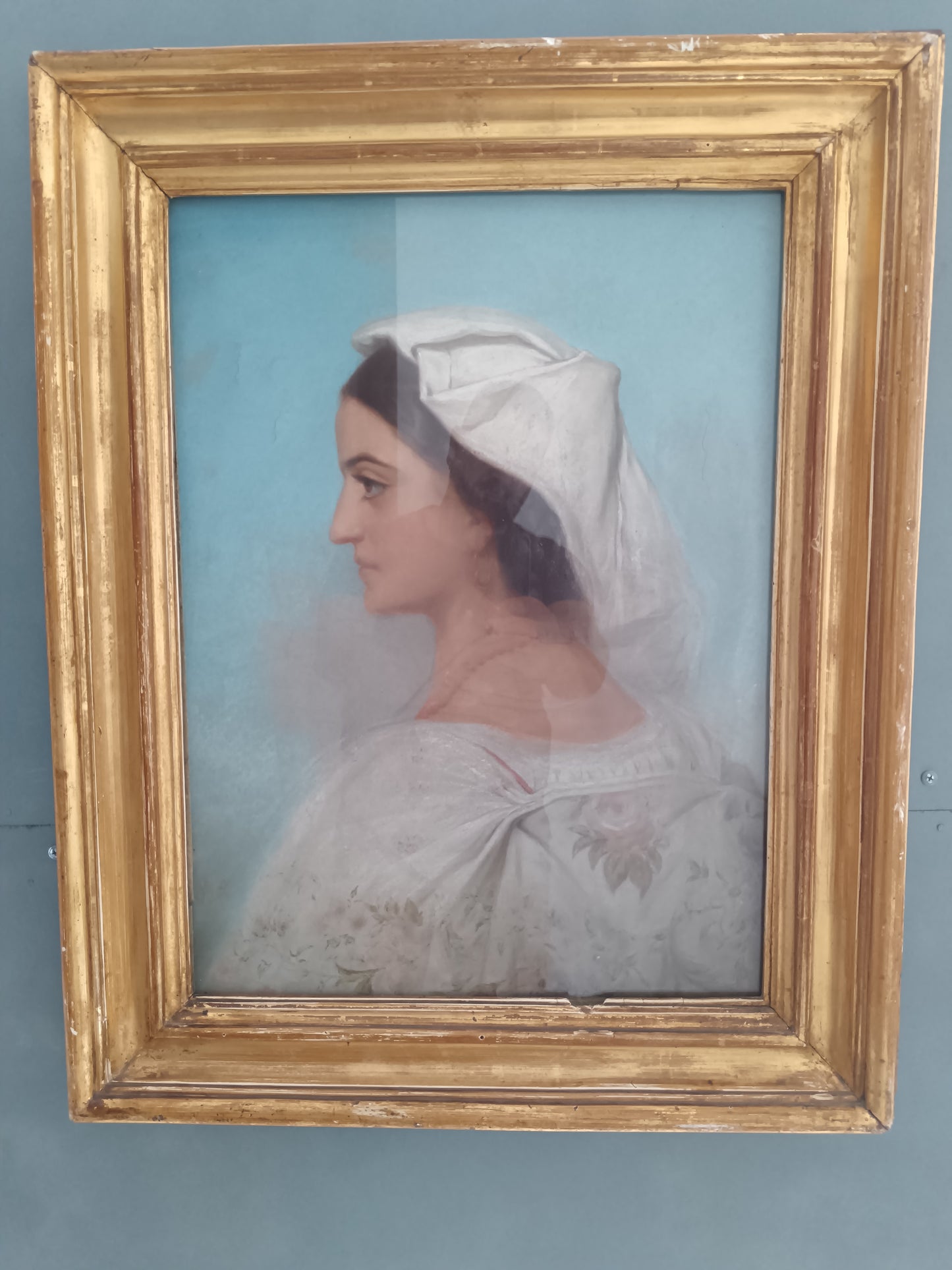 Dipinto Antico Pastello su Tela Fine 800 Ritratto Donna Profilo Cornice Oro