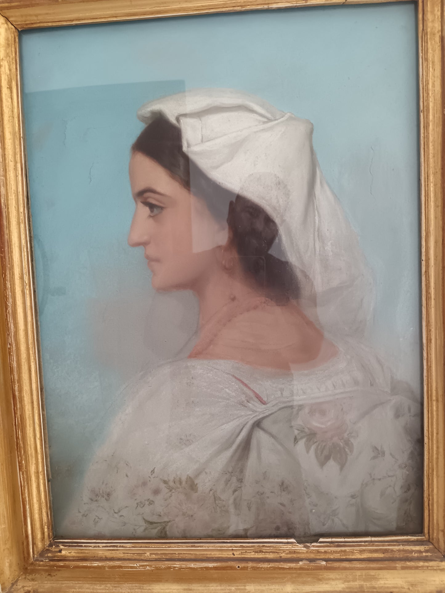 Dipinto Antico Pastello su Tela Fine 800 Ritratto Donna Profilo Cornice Oro