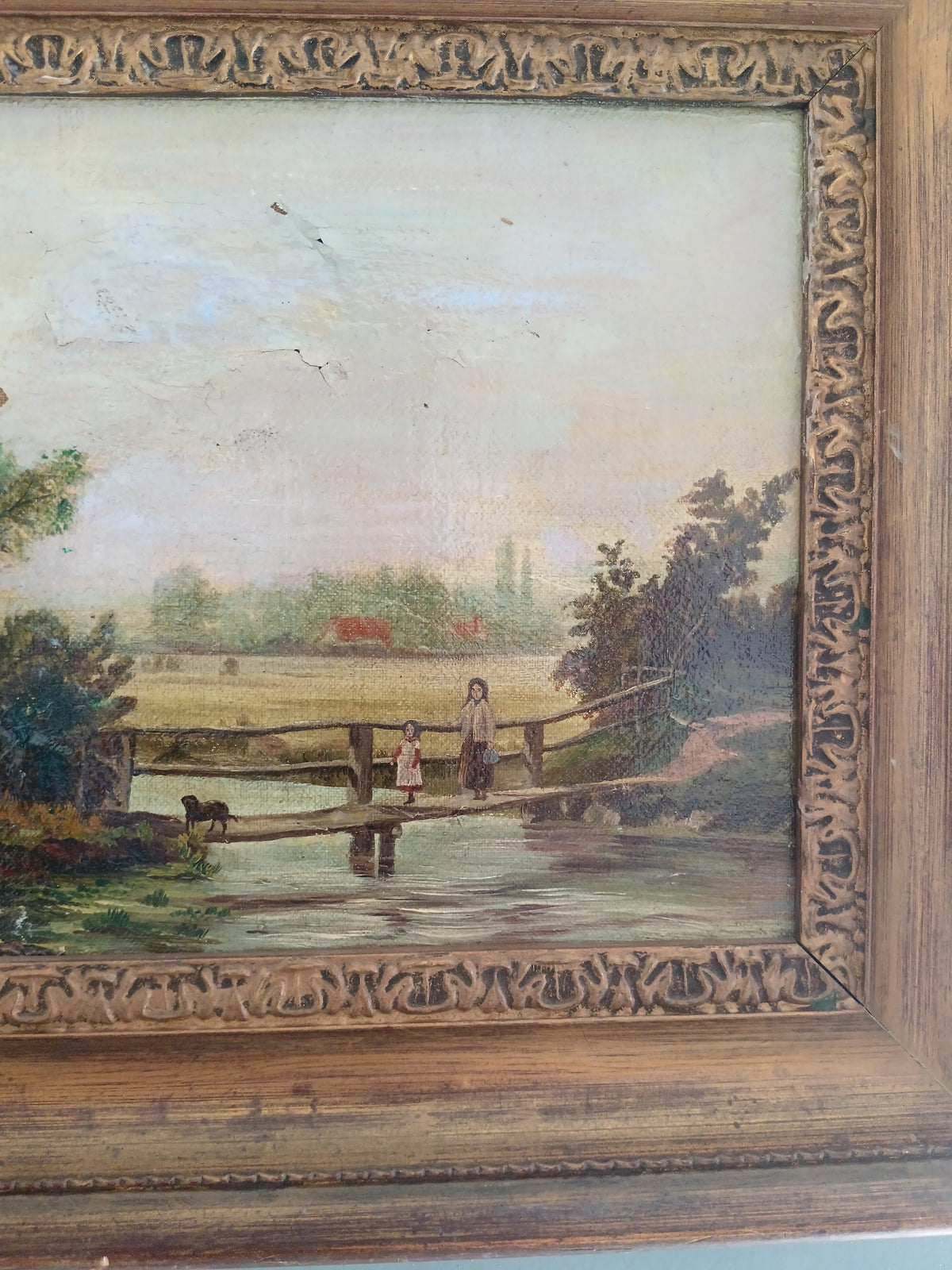 Antico Dipinto Olio su Tela Paesaggio Rurale con Ponte Contadina Bambina XIX Secolo