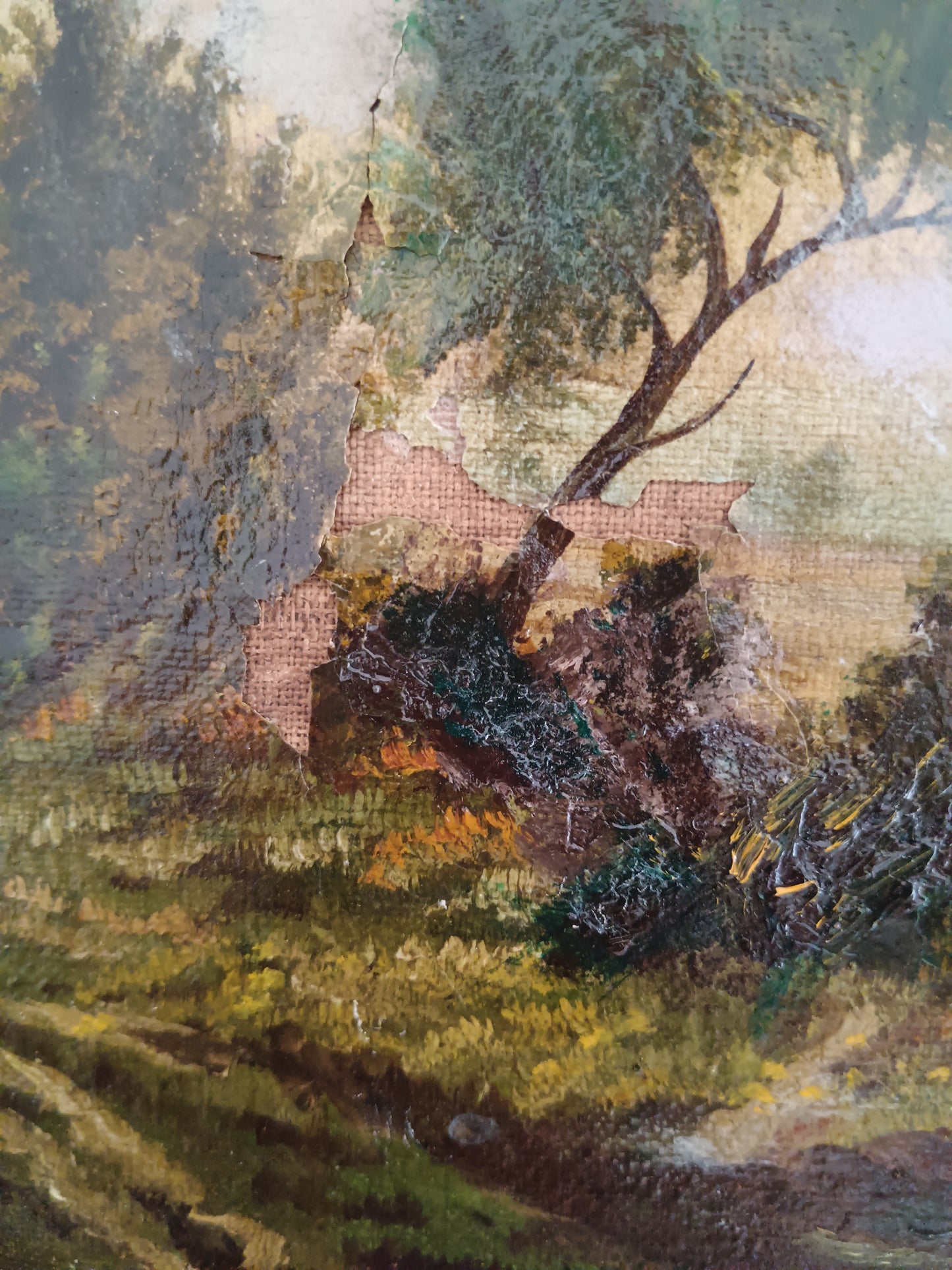Antico Dipinto Olio su Tela Paesaggio Rurale con Ponte Contadina Bambina XIX Secolo