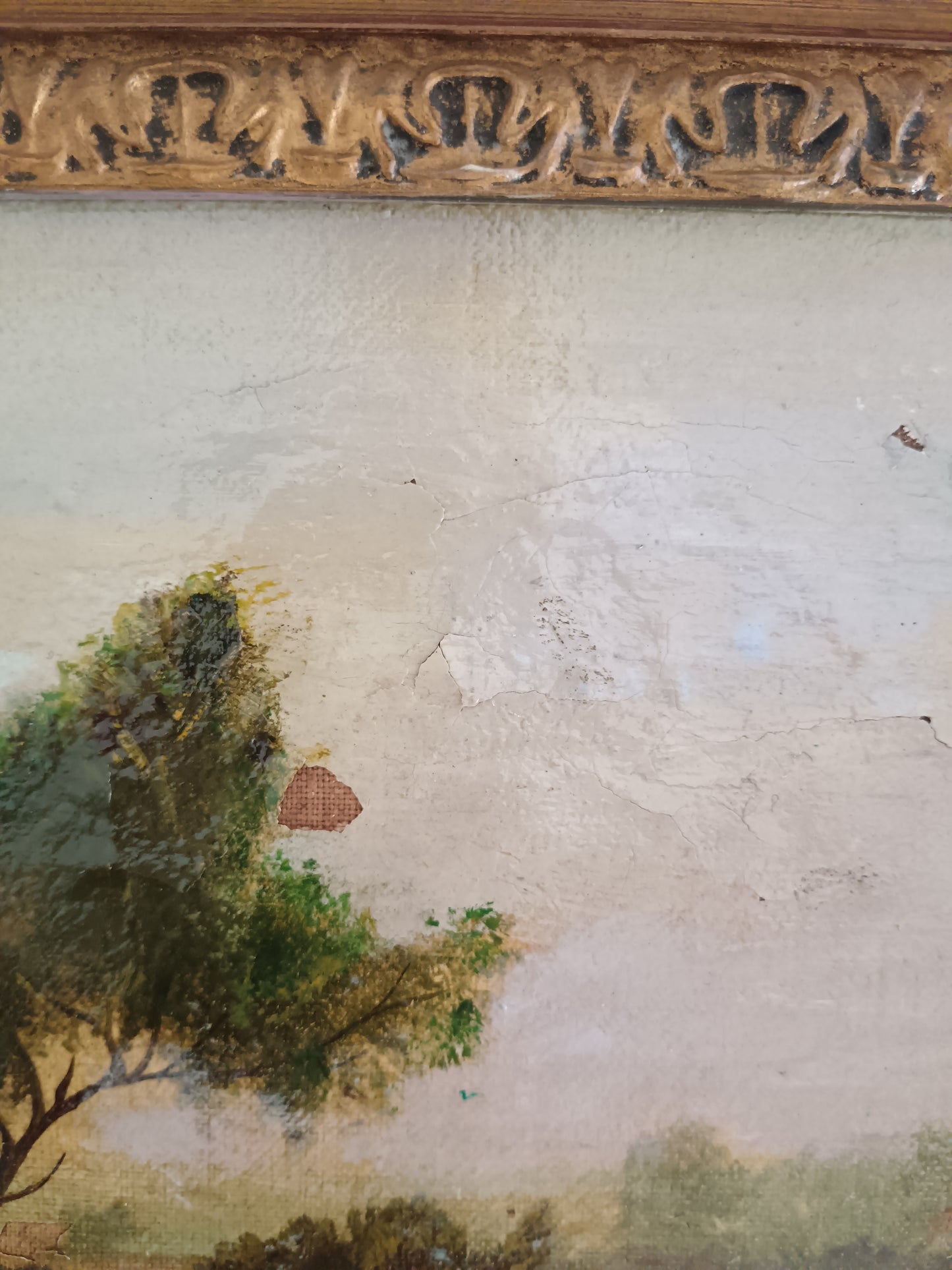 Antico Dipinto Olio su Tela Paesaggio Rurale con Ponte Contadina Bambina XIX Secolo