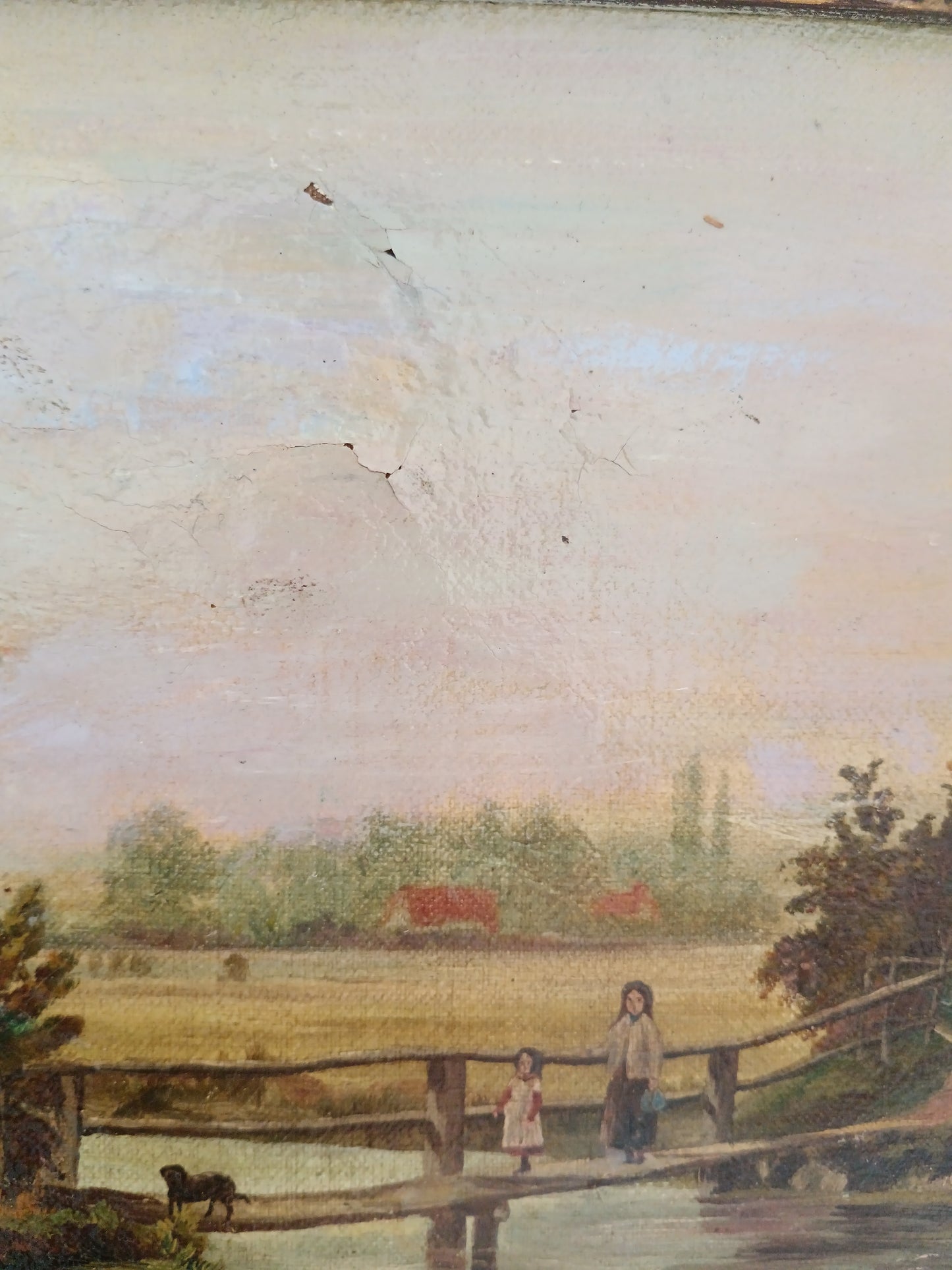 Antico Dipinto Olio su Tela Paesaggio Rurale con Ponte Contadina Bambina XIX Secolo