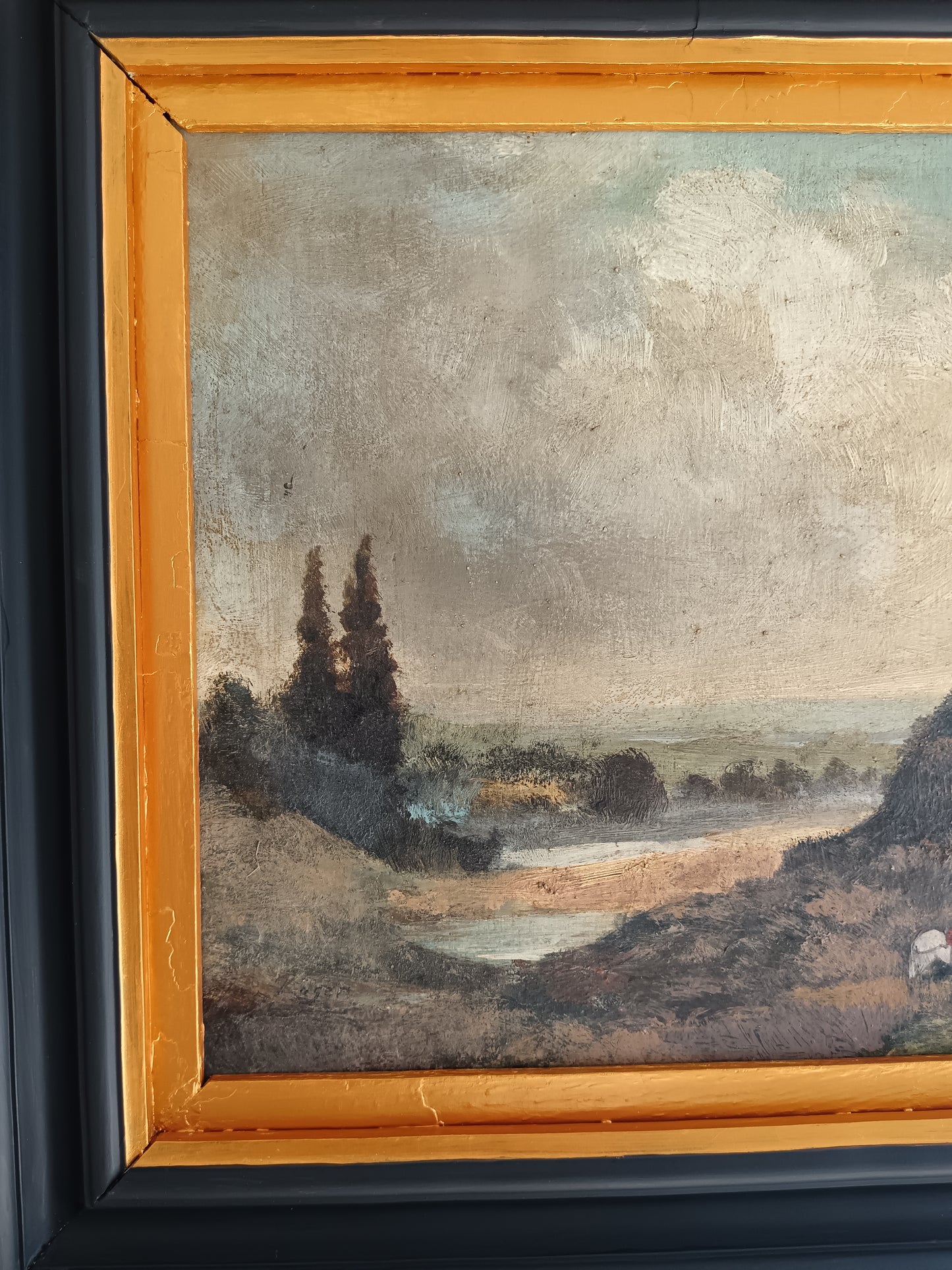 Antico Dipinto Olio su Tavola Paesaggio con Carrozza e Cavalli Scena Romantica XIX Sec