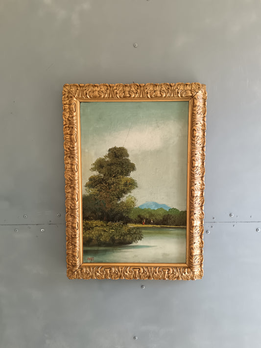 Antico Olio su Tela Paesaggio con Lago e Montagna Firmato e Datato 1917, Cornice Originale