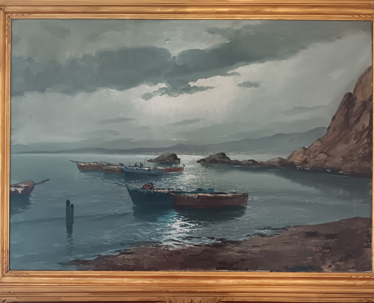 Grande Marina di Capri con Barche – Olio su Tela – Firmato – “Capri 1951” – Cornice Dorata