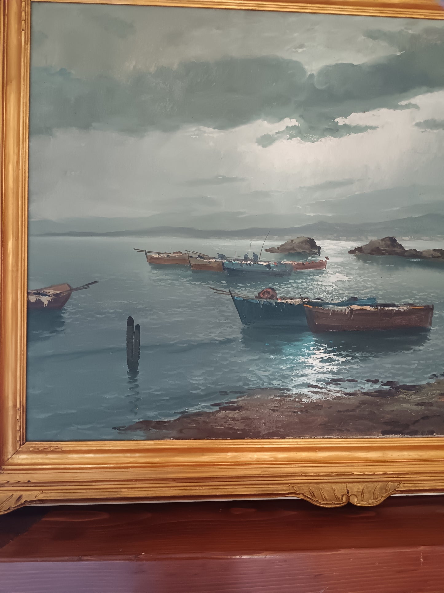 Grande Marina di Capri con Barche – Olio su Tela – Firmato – “Capri 1951” – Cornice Dorata