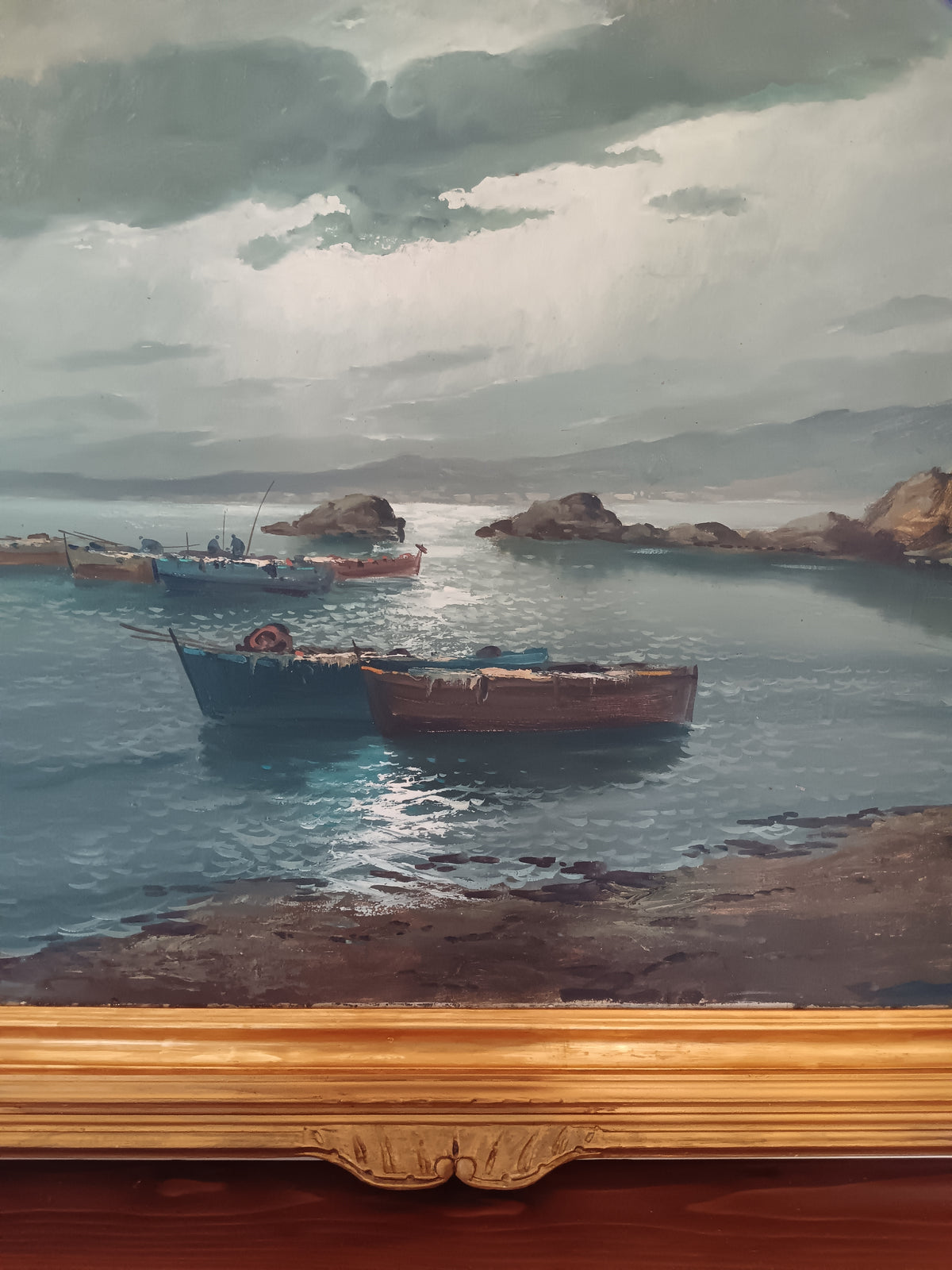 Grande Marina di Capri con Barche – Olio su Tela – Firmato – “Capri 1951” – Cornice Dorata