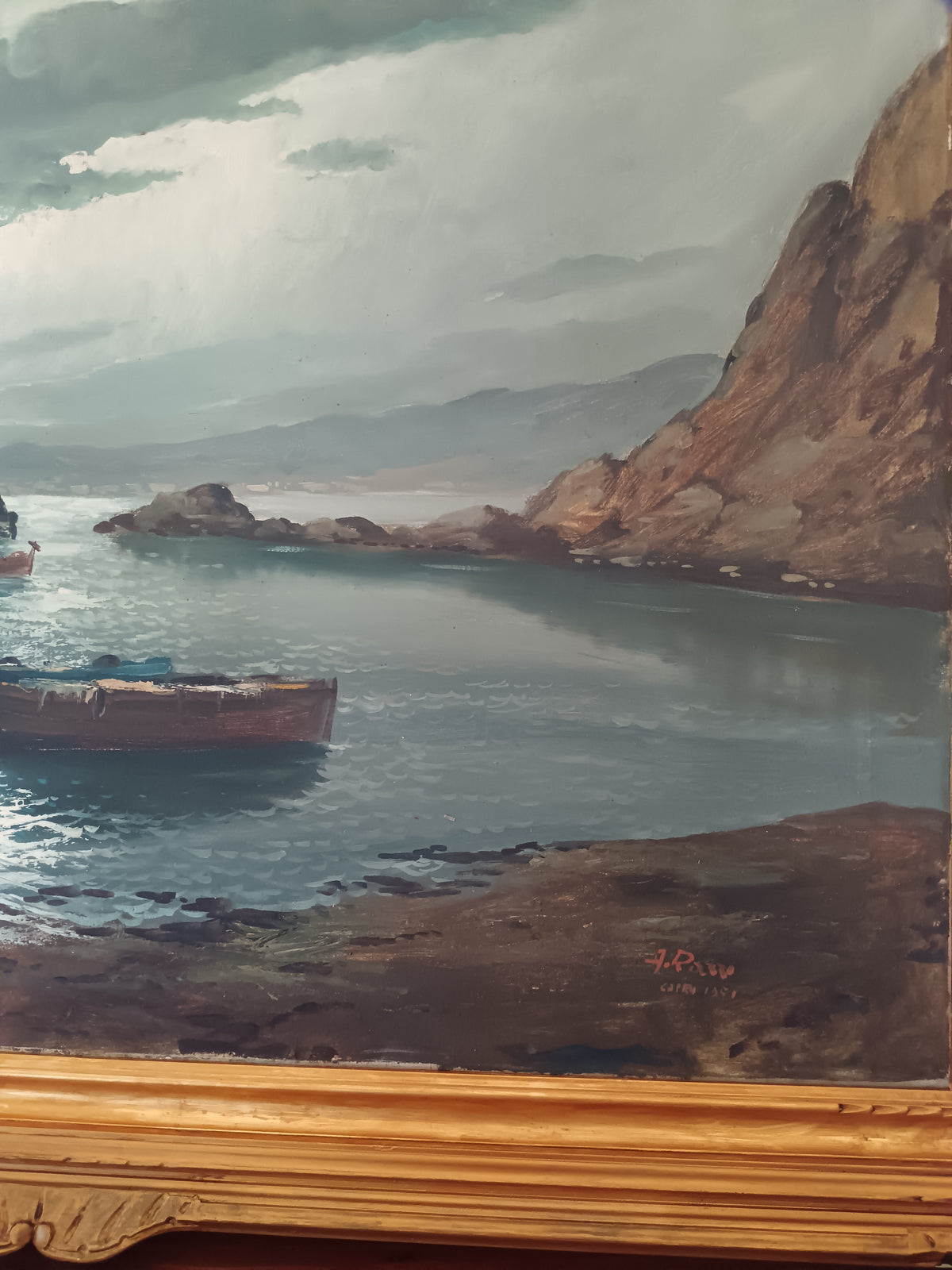 Grande Marina di Capri con Barche – Olio su Tela – Firmato – “Capri 1951” – Cornice Dorata