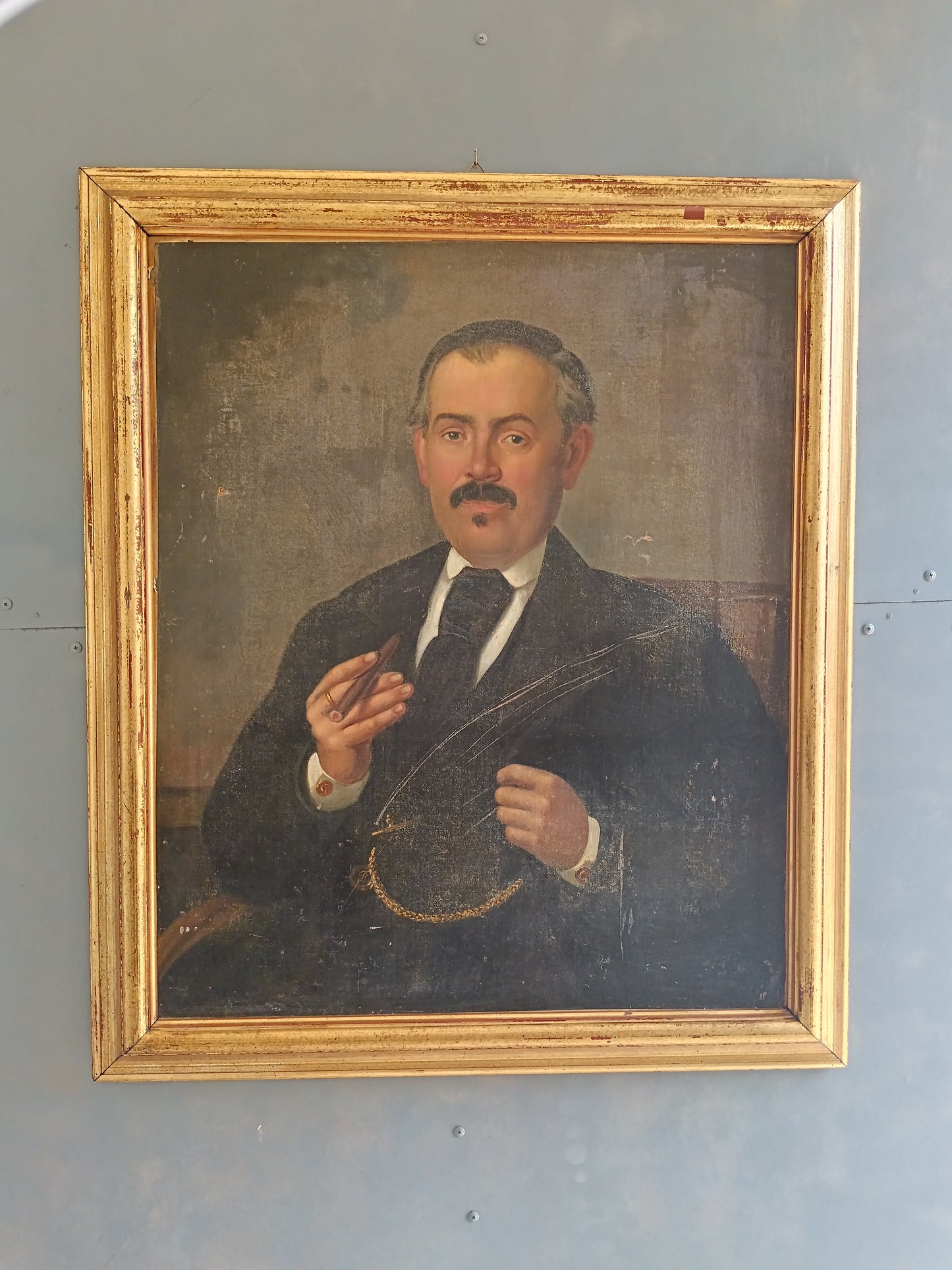 Antico Dipinto Olio su Tela Ritratto d'Uomo con Sigaro Fine Ottocento 65x78 cm