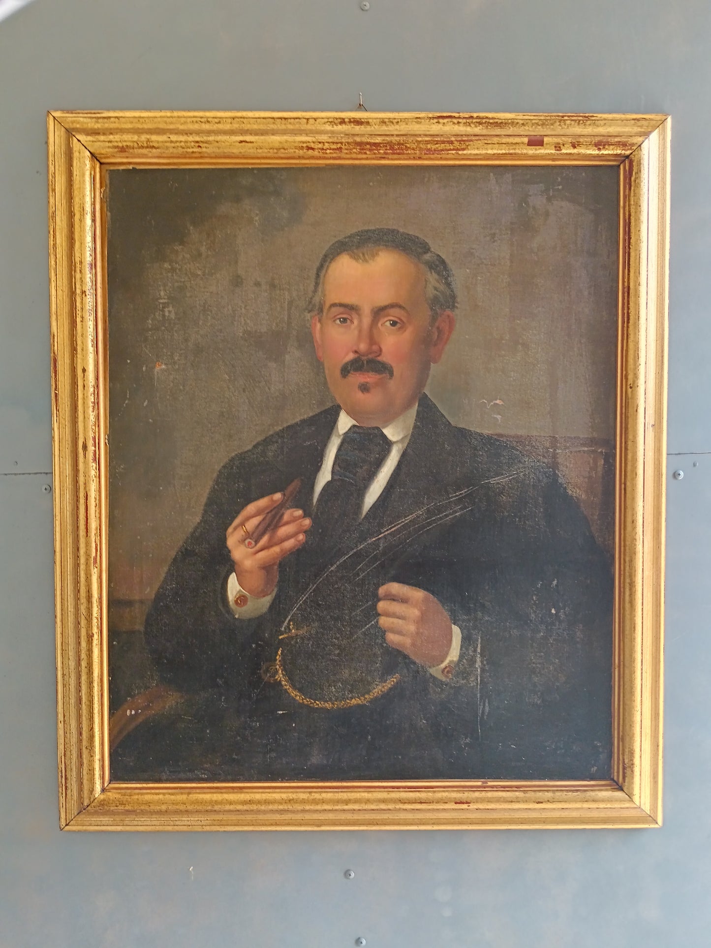 Antico Dipinto Olio su Tela Ritratto d'Uomo con Sigaro Fine Ottocento 65x78 cm