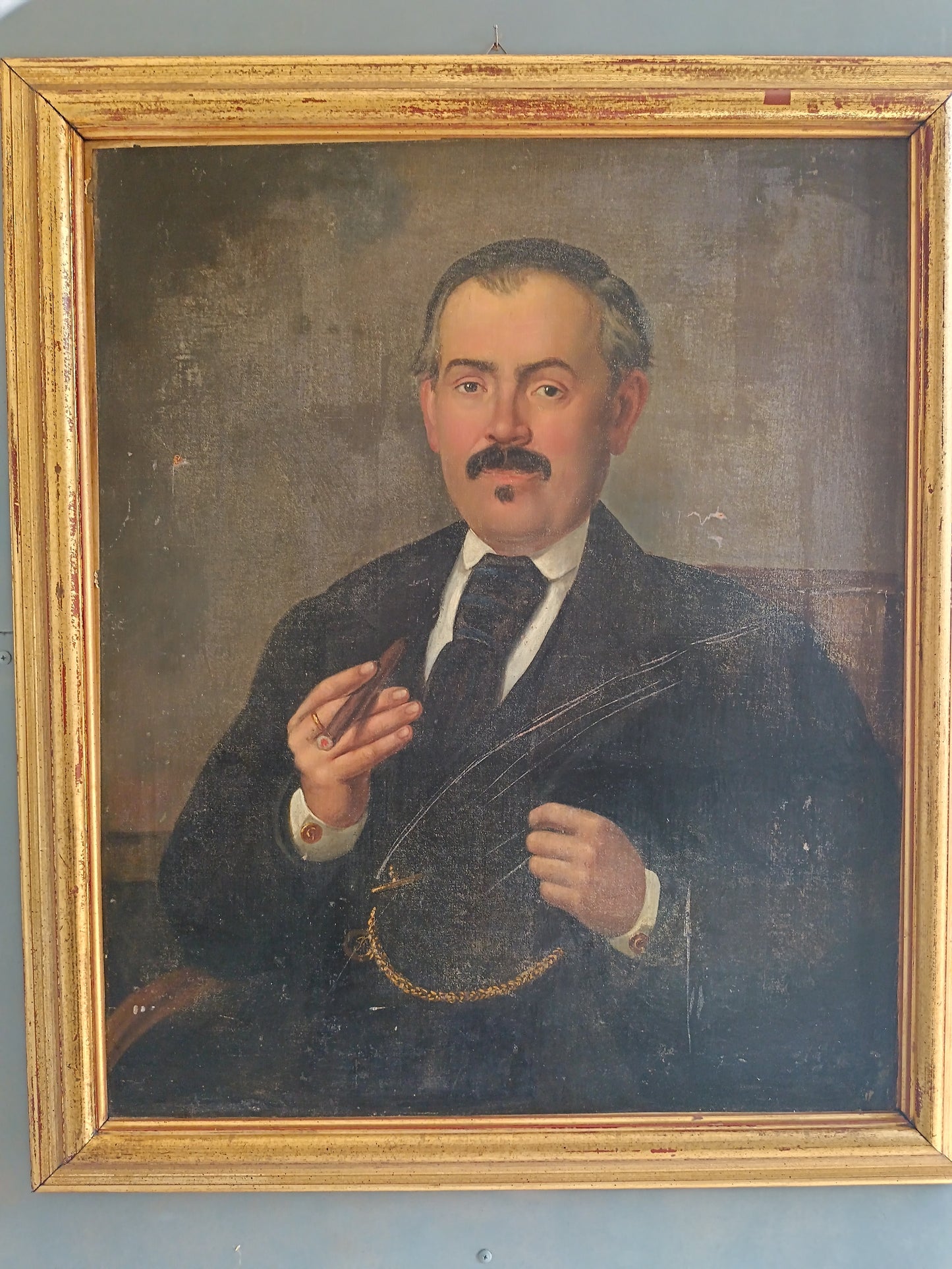 Antico Dipinto Olio su Tela Ritratto d'Uomo con Sigaro Fine Ottocento 65x78 cm