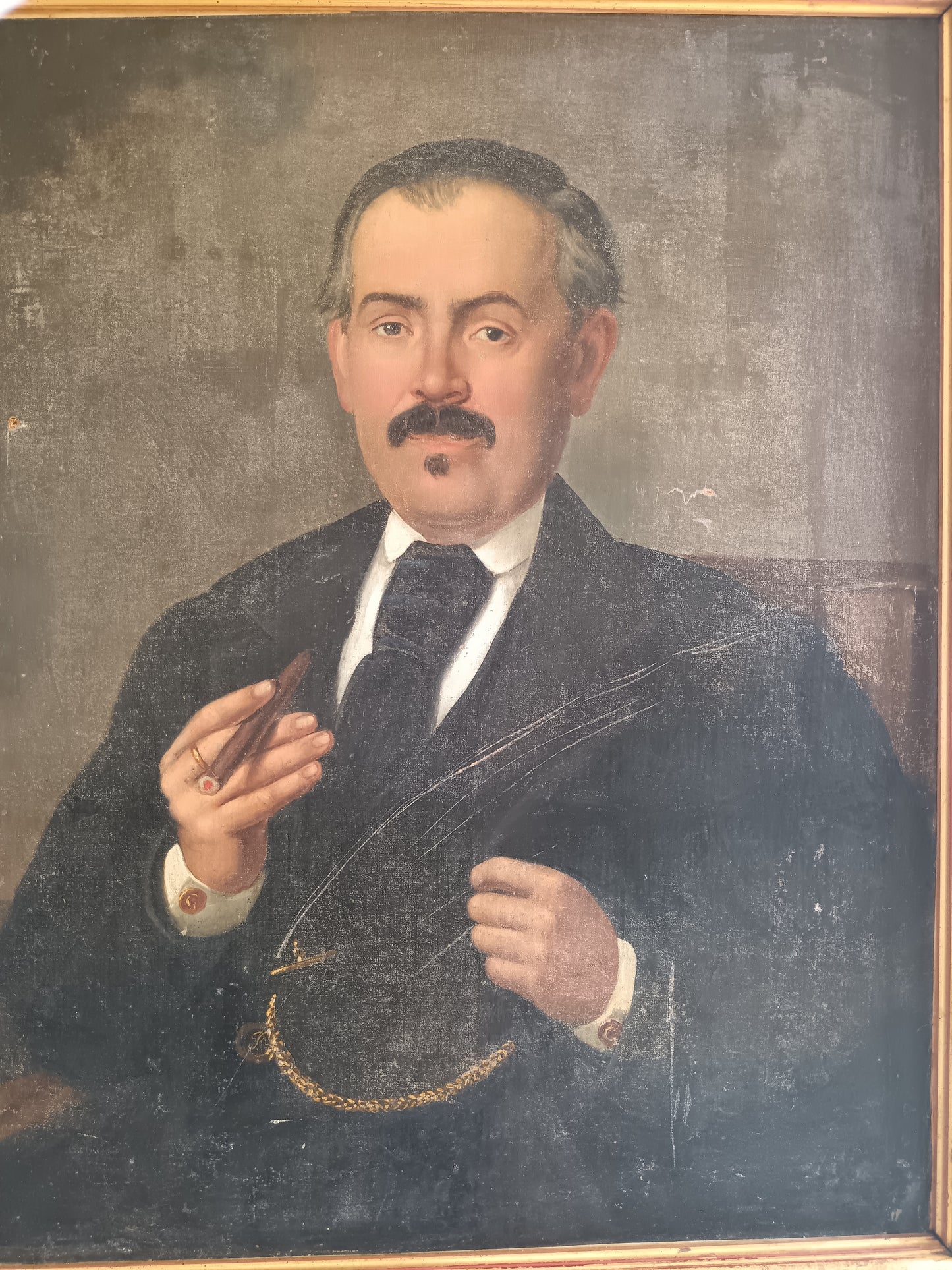 Antico Dipinto Olio su Tela Ritratto d'Uomo con Sigaro Fine Ottocento 65x78 cm