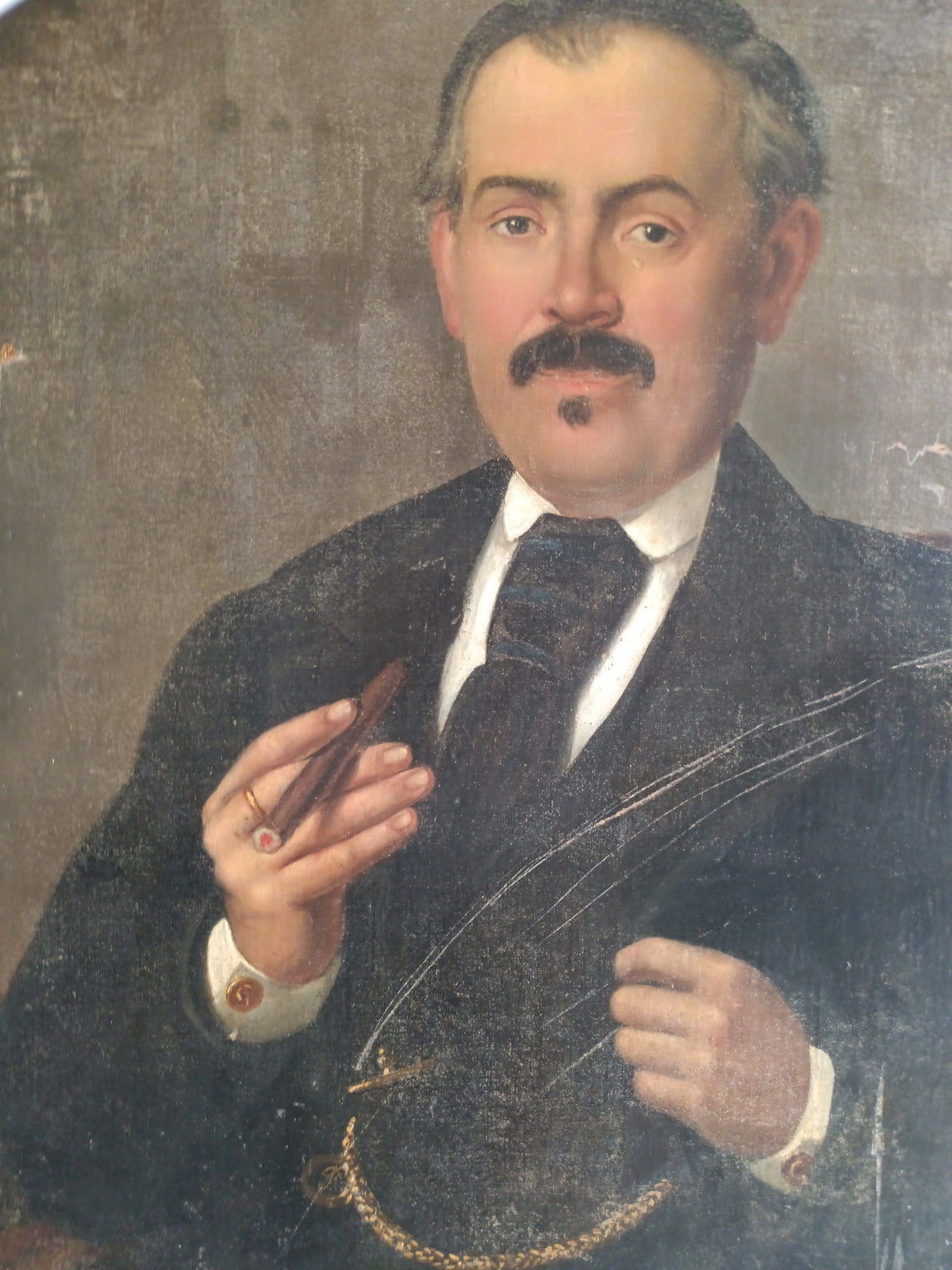 Antico Dipinto Olio su Tela Ritratto d'Uomo con Sigaro Fine Ottocento 65x78 cm