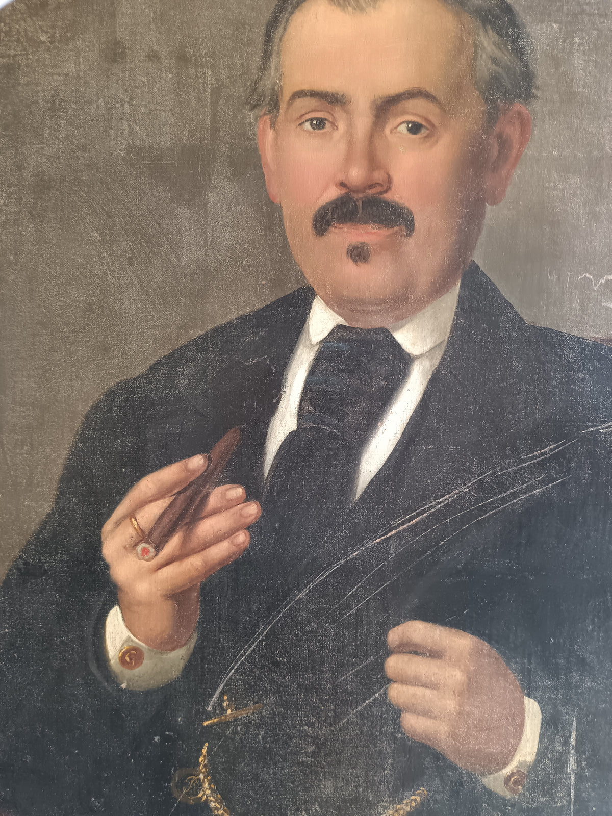 Antico Dipinto Olio su Tela Ritratto d'Uomo con Sigaro Fine Ottocento 65x78 cm