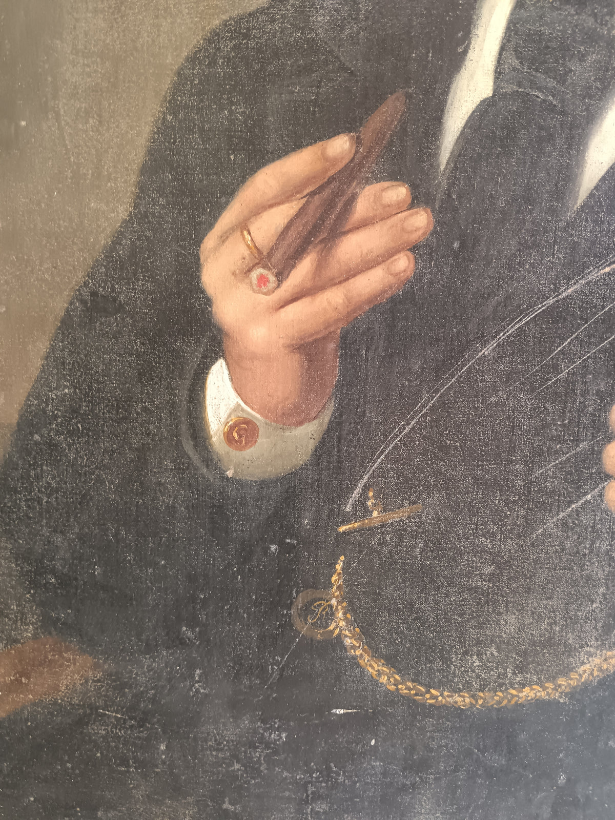 Antico Dipinto Olio su Tela Ritratto d'Uomo con Sigaro Fine Ottocento 65x78 cm