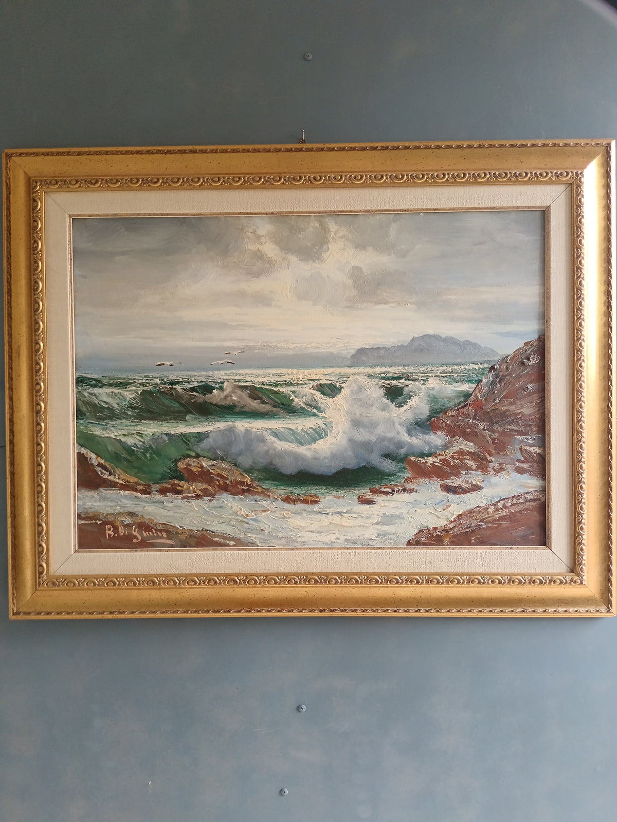 Dipinto Bruno Di Giulio Mareggiata Olio Su Tela 70x50 Autentica Sul Retro