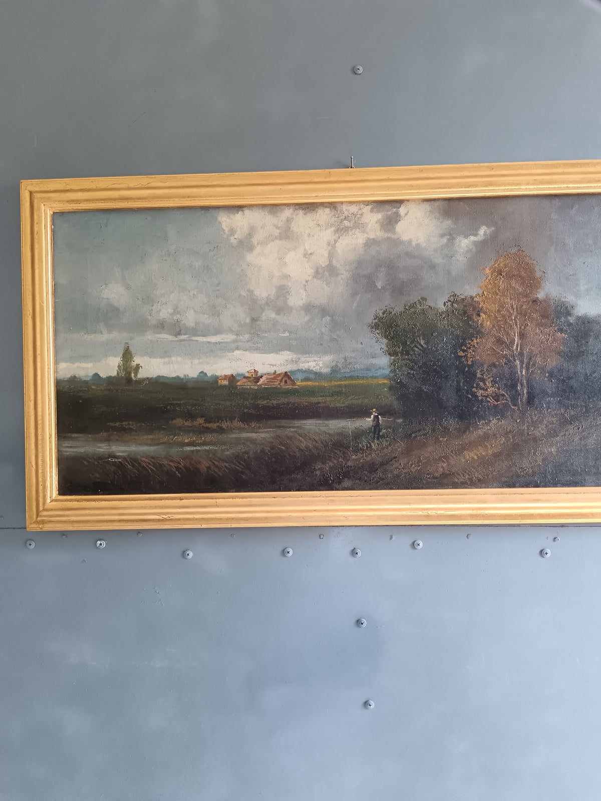 Antico Dipinto Olio su Tela Paesaggio Rurale Campagna XIX Secolo 1860-1890 Cornice