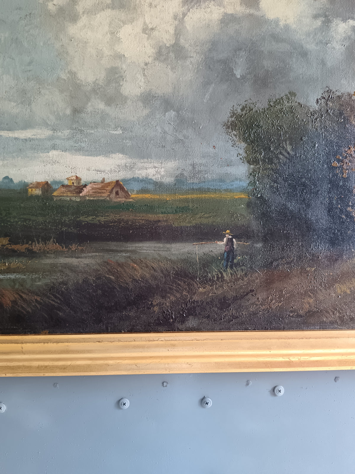 Antico Dipinto Olio su Tela Paesaggio Rurale Campagna XIX Secolo 1860-1890 Cornice