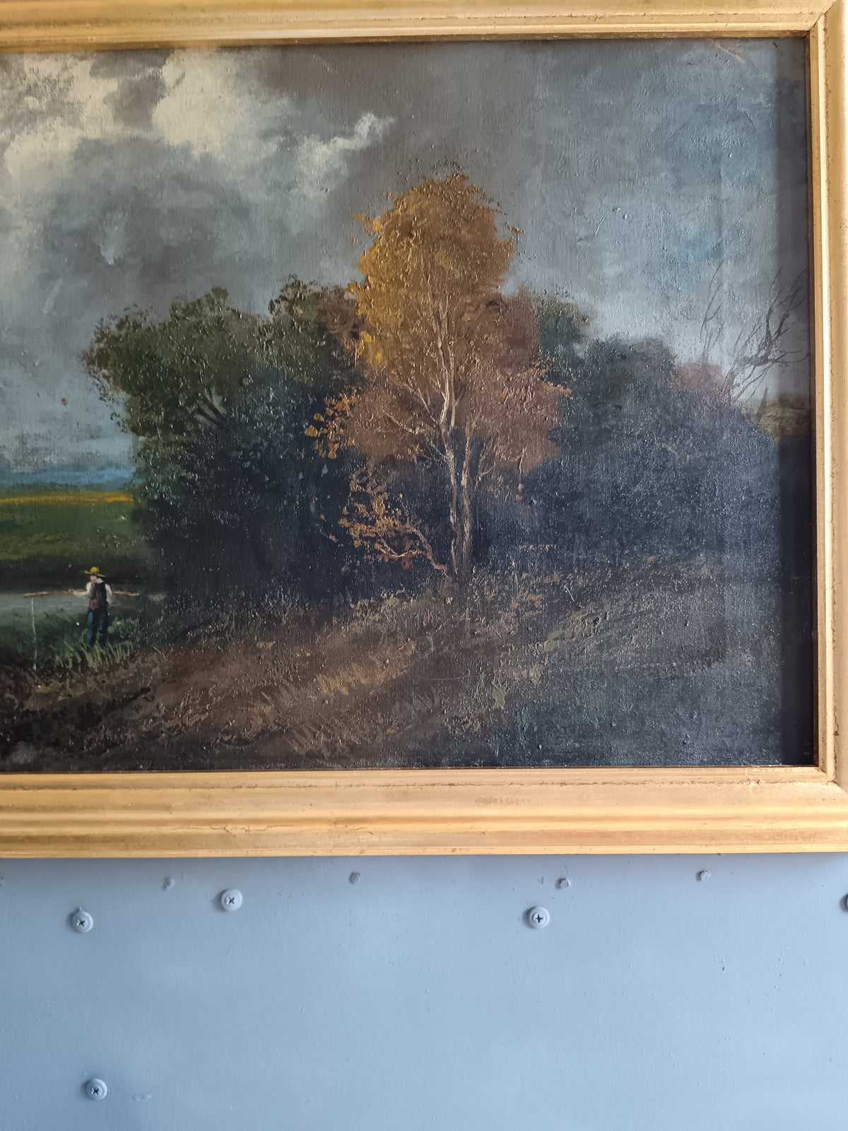 Antico Dipinto Olio su Tela Paesaggio Rurale Campagna XIX Secolo 1860-1890 Cornice