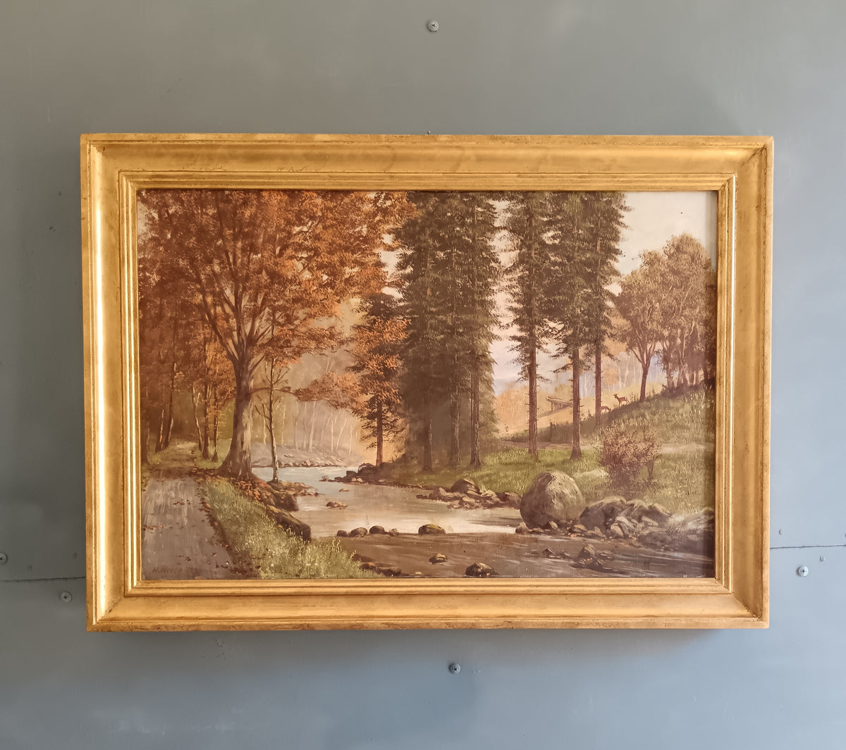 Olio su Tela Paesaggio Fluviale nel Bosco con Cervi – Fine ‘800 / Inizio ‘900 – Firmato