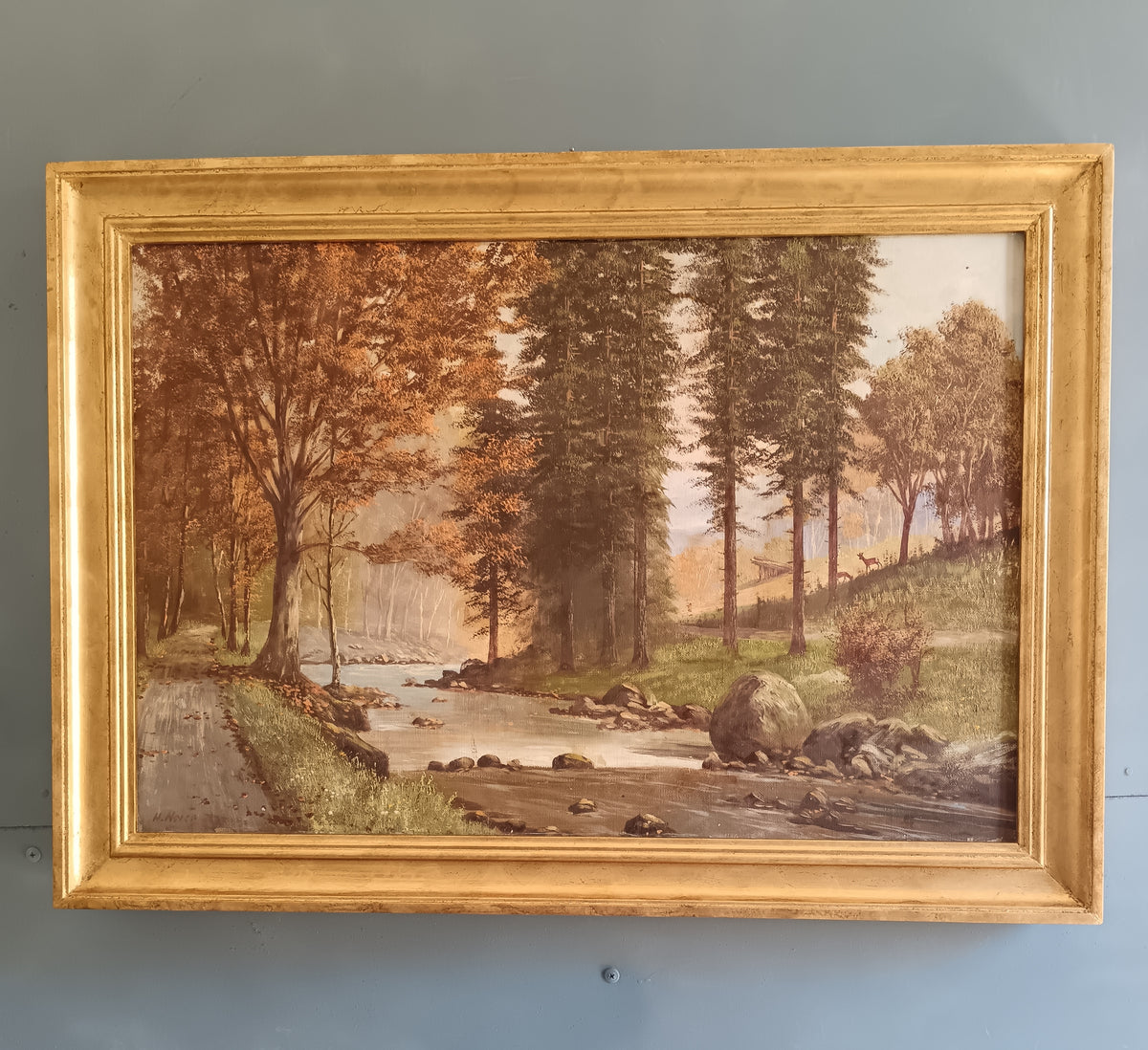 Olio su Tela Paesaggio Fluviale nel Bosco con Cervi – Fine ‘800 / Inizio ‘900 – Firmato