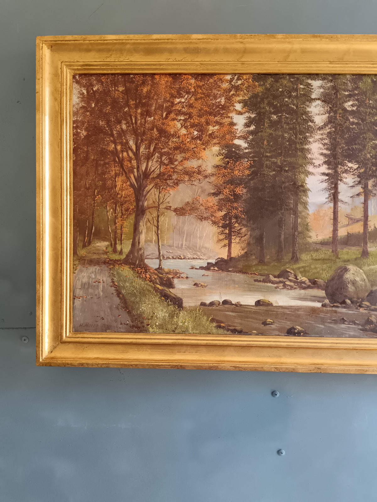 Olio su Tela Paesaggio Fluviale nel Bosco con Cervi – Fine ‘800 / Inizio ‘900 – Firmato