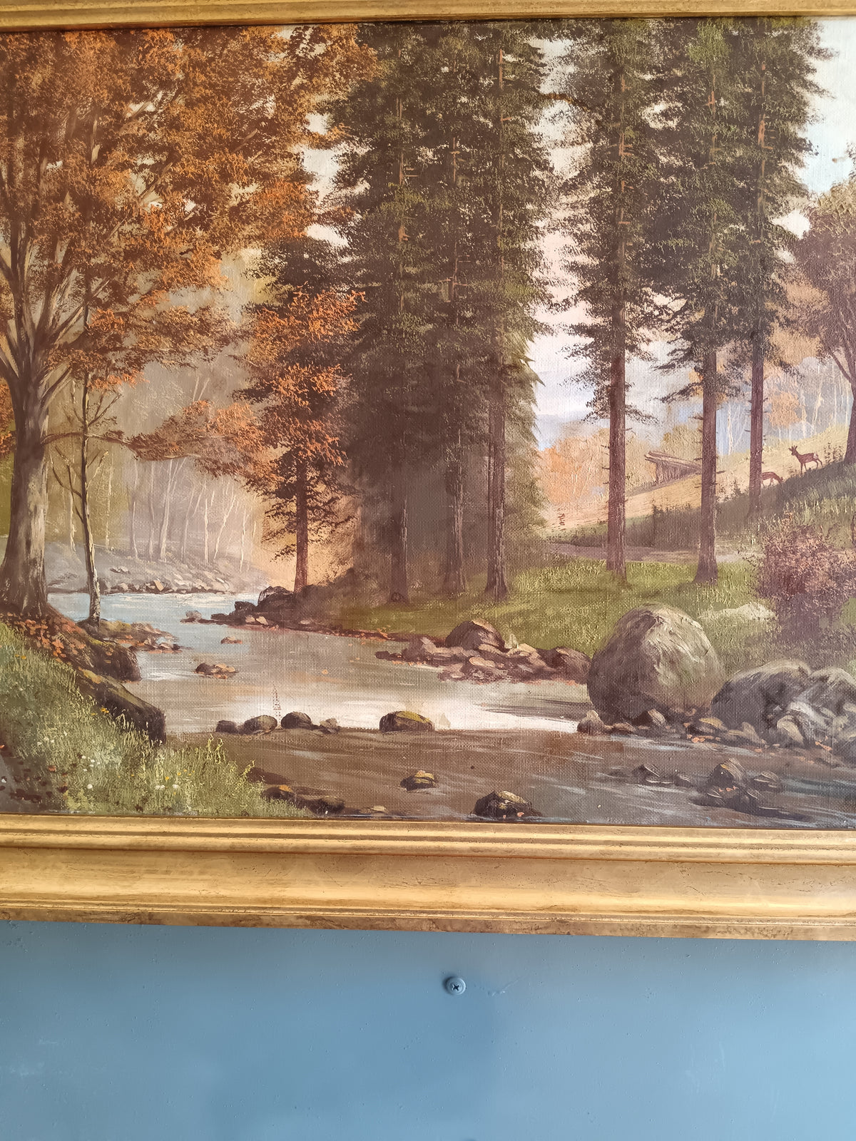 Olio su Tela Paesaggio Fluviale nel Bosco con Cervi – Fine ‘800 / Inizio ‘900 – Firmato