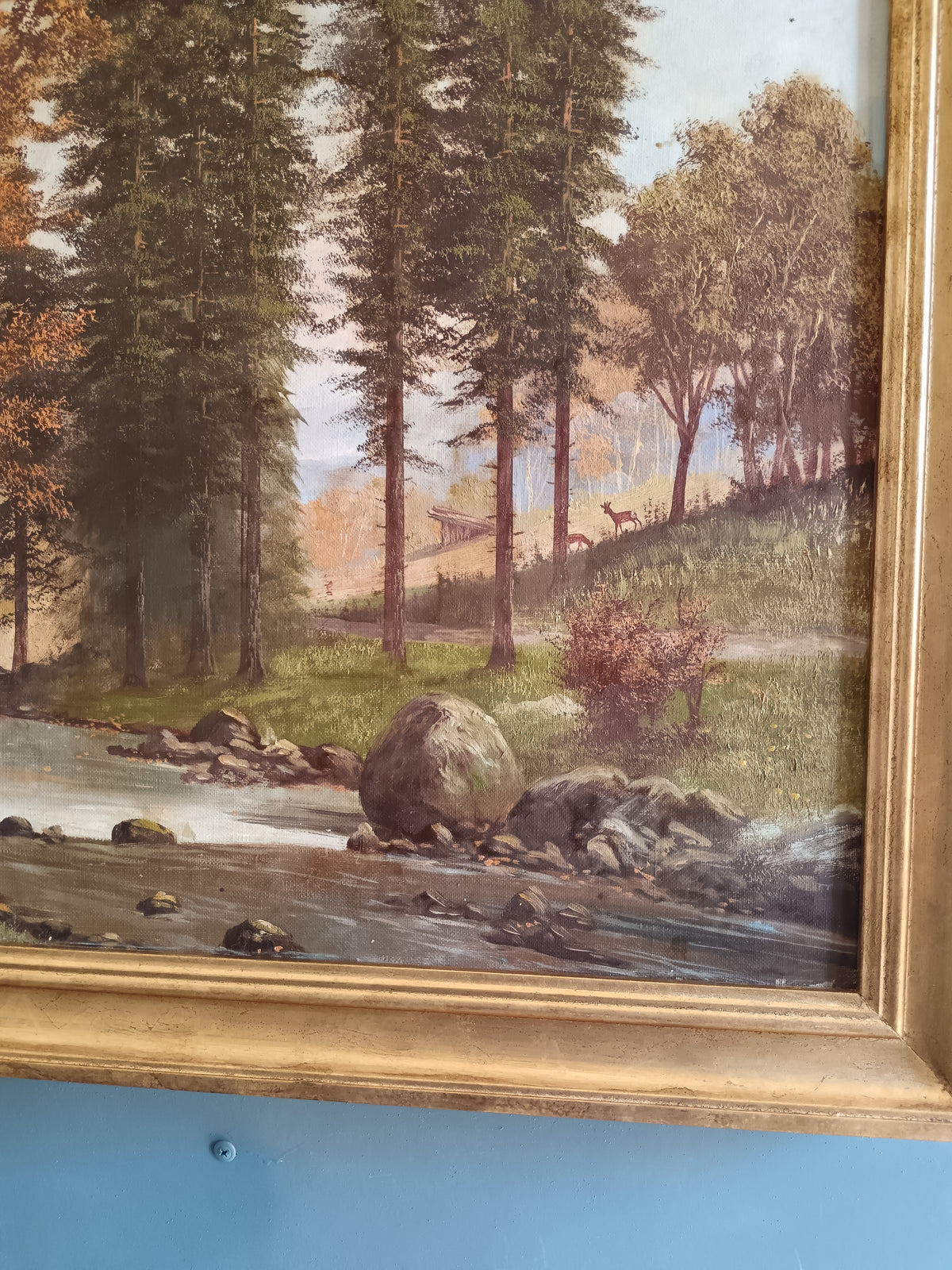 Olio su Tela Paesaggio Fluviale nel Bosco con Cervi – Fine ‘800 / Inizio ‘900 – Firmato