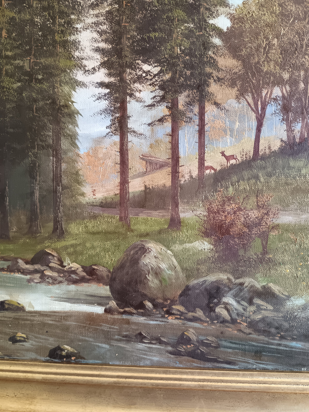 Olio su Tela Paesaggio Fluviale nel Bosco con Cervi – Fine ‘800 / Inizio ‘900 – Firmato