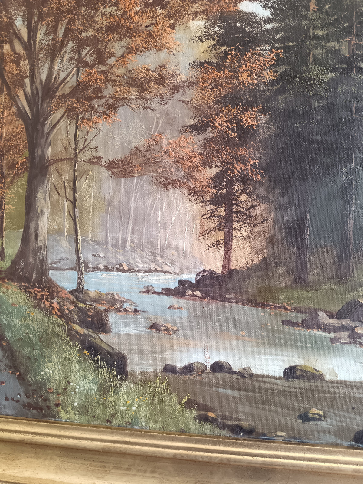 Olio su Tela Paesaggio Fluviale nel Bosco con Cervi – Fine ‘800 / Inizio ‘900 – Firmato
