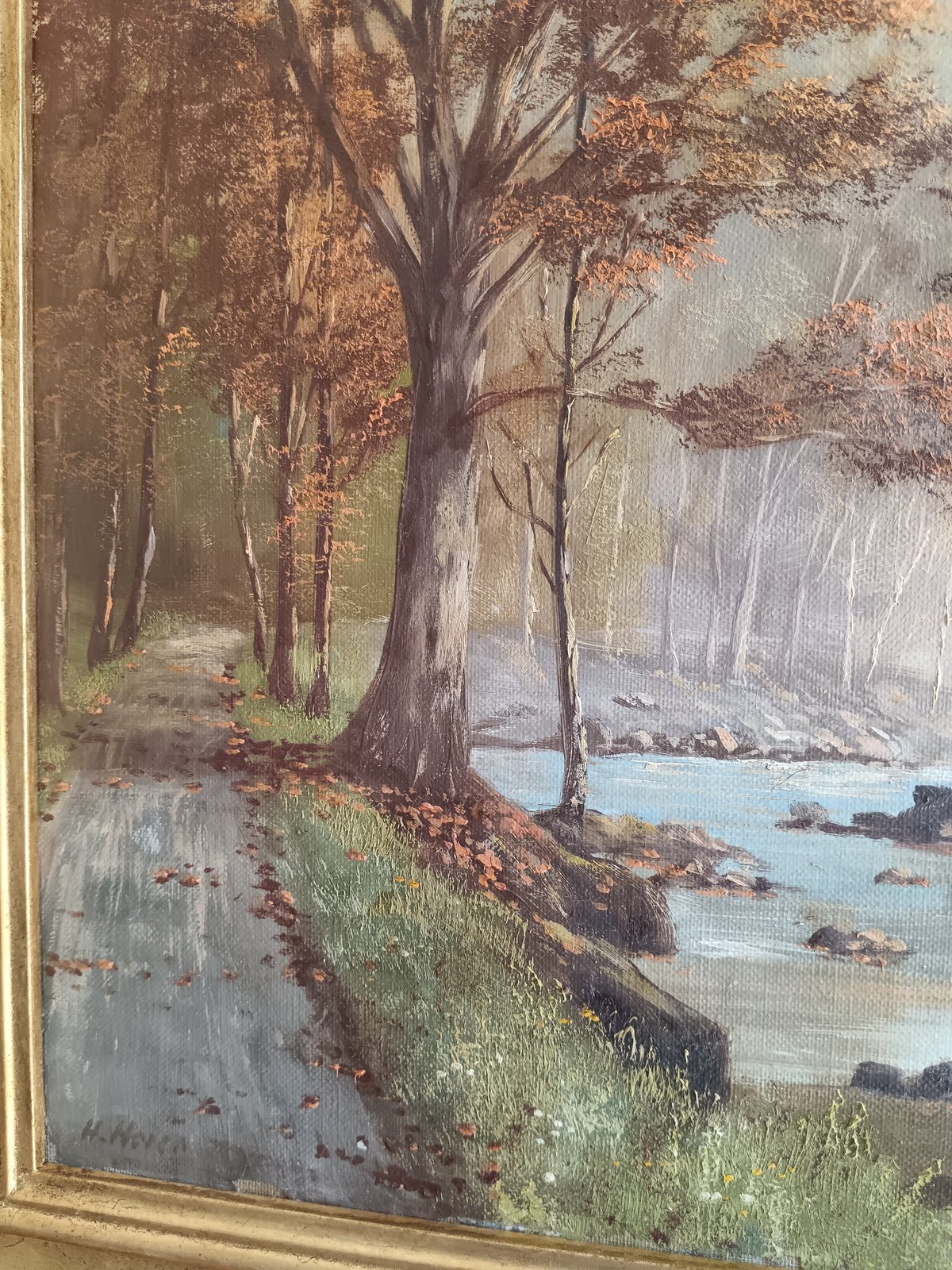 Olio su Tela Paesaggio Fluviale nel Bosco con Cervi – Fine ‘800 / Inizio ‘900 – Firmato
