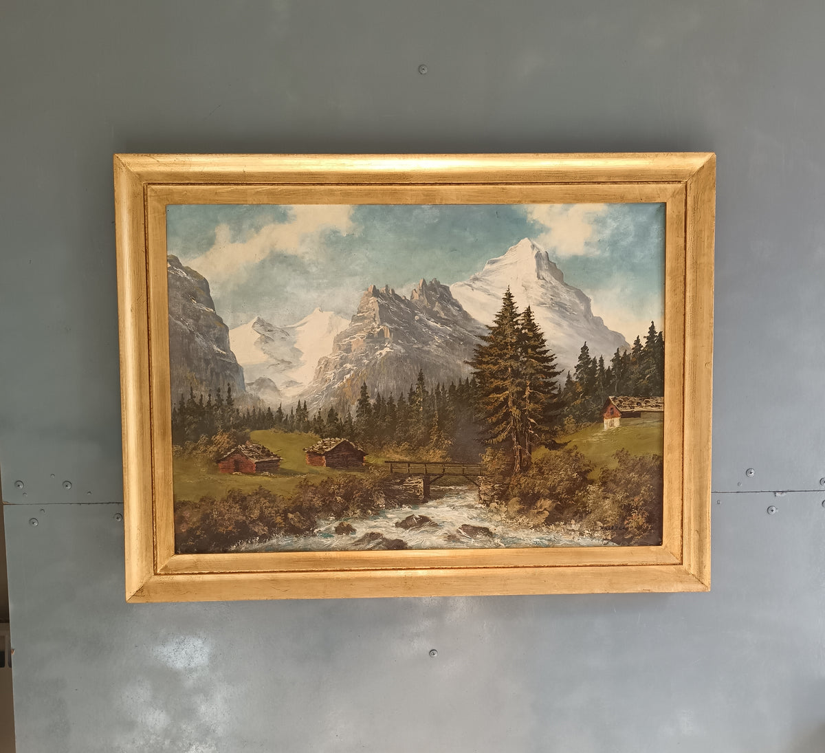 H. Herzer – Veduta della Lütschine, Eiger Nordwand e Fiescherhörner – Olio su tela