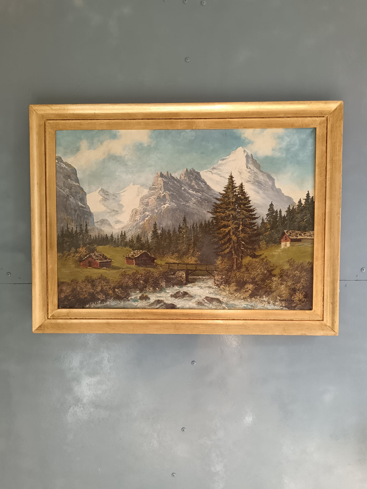 H. Herzer – Veduta della Lütschine, Eiger Nordwand e Fiescherhörner – Olio su tela