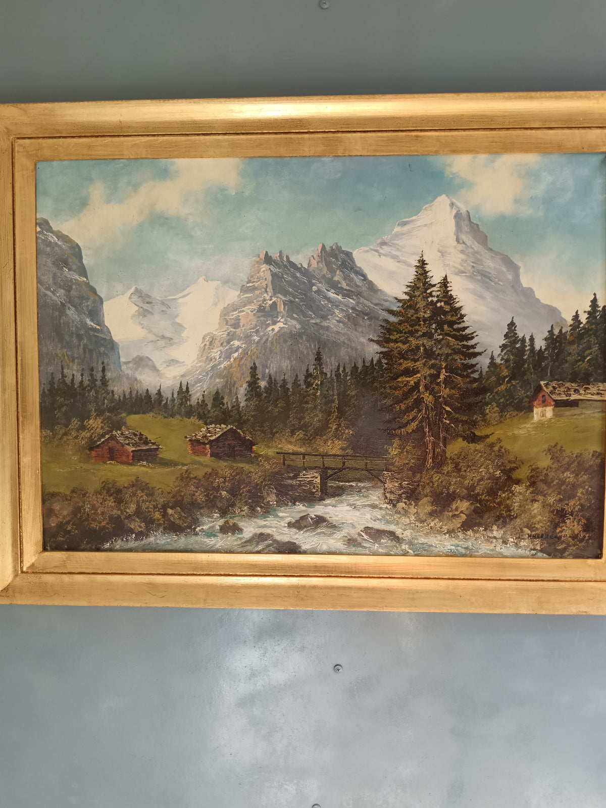 H. Herzer – Veduta della Lütschine, Eiger Nordwand e Fiescherhörner – Olio su tela