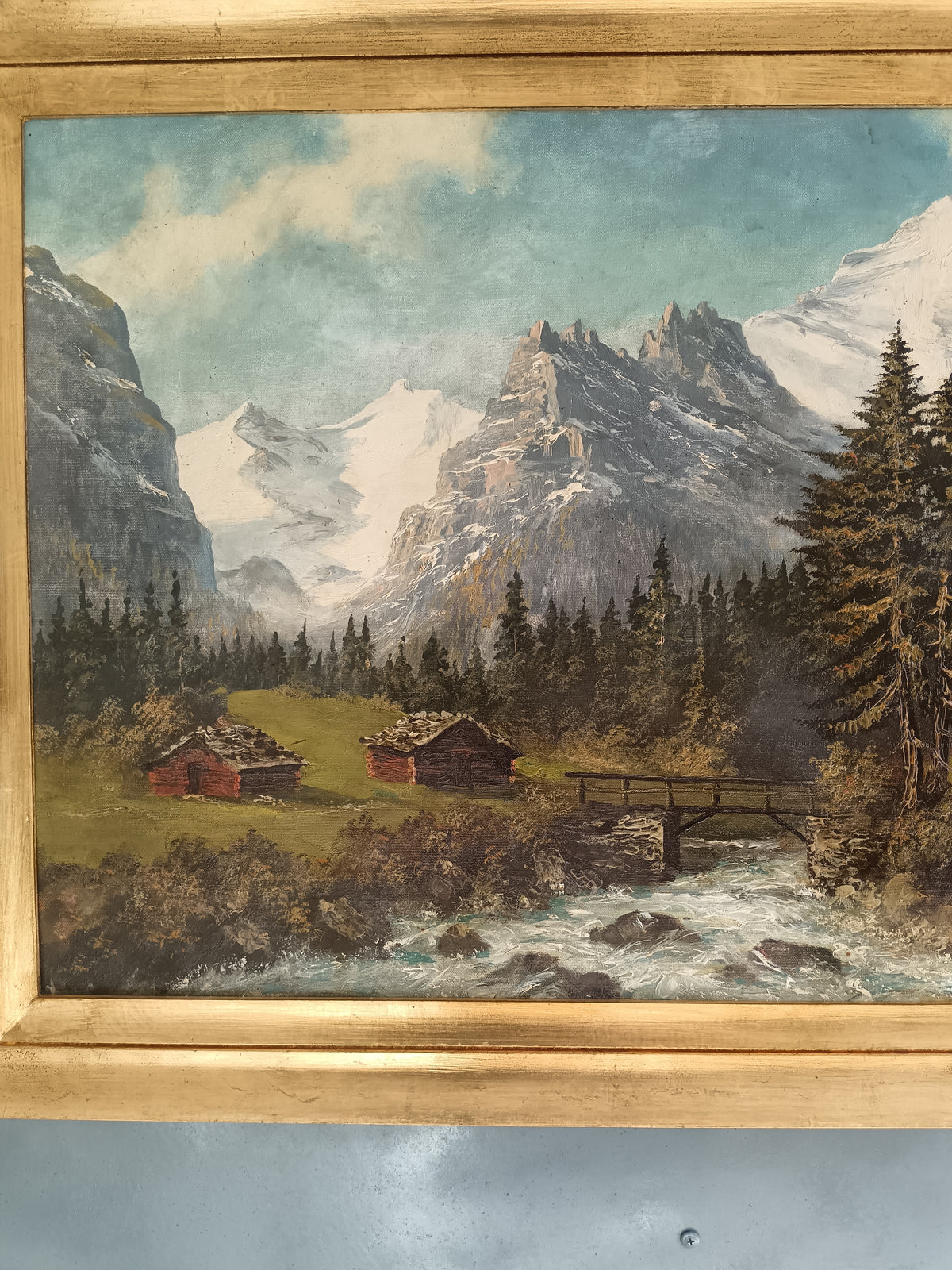 H. Herzer – Veduta della Lütschine, Eiger Nordwand e Fiescherhörner – Olio su tela