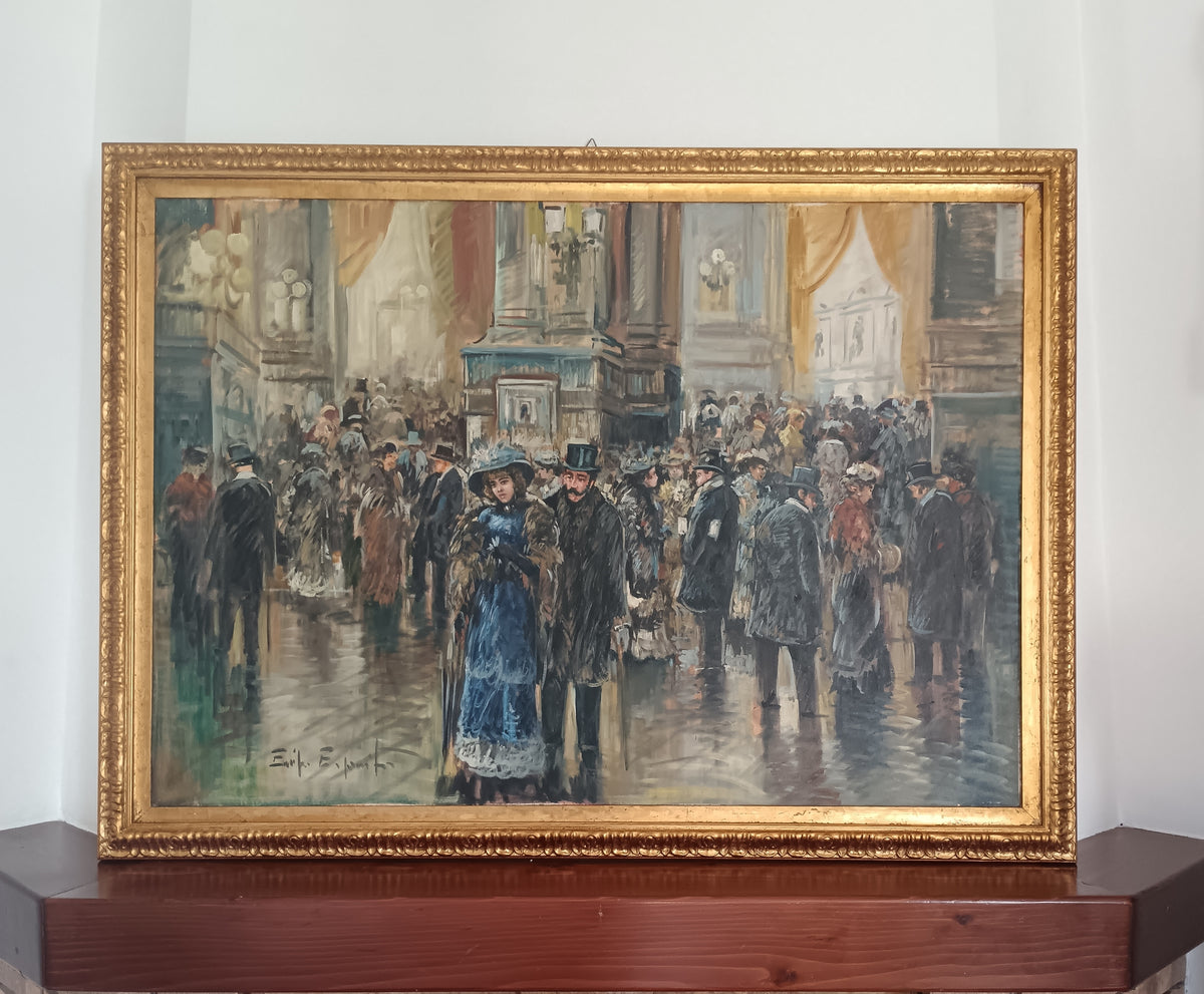 Eniko Esposito – Olio su Tela – Scena Parigina con Folla sotto la Pioggia – Cornice Dorata
