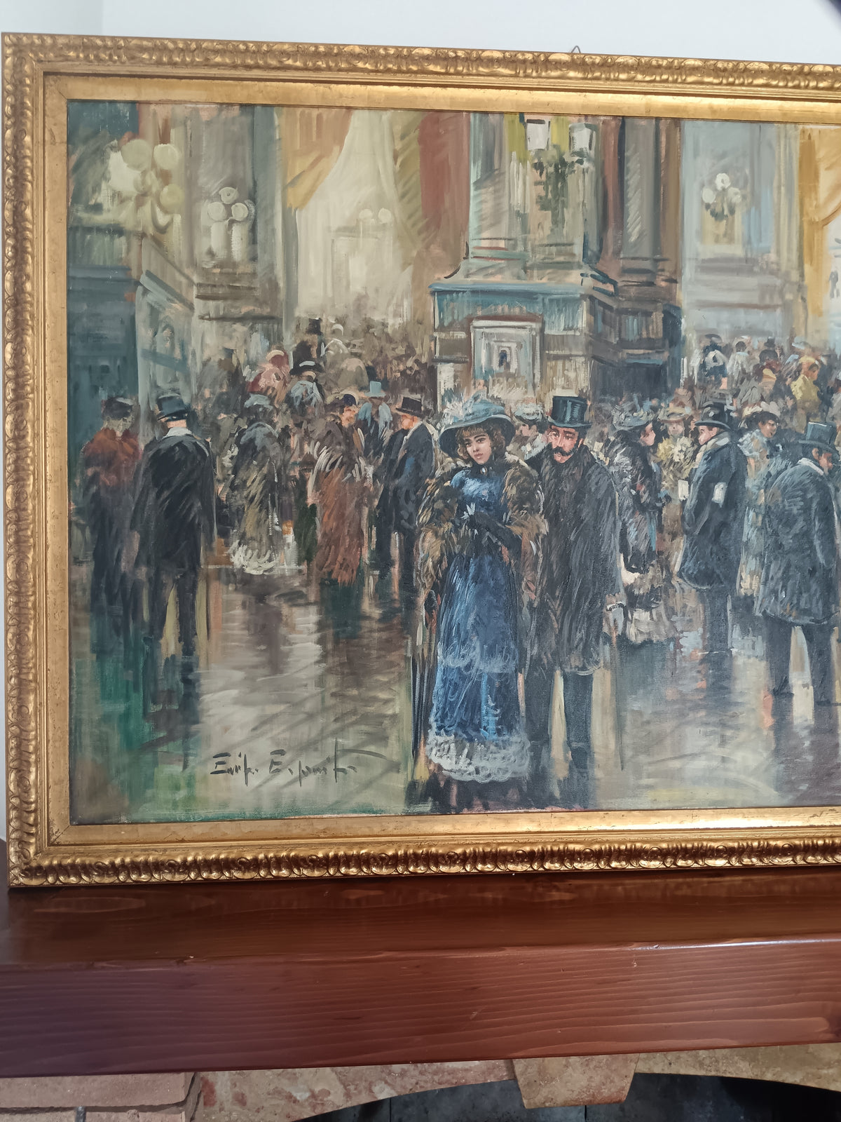 Eniko Esposito – Olio su Tela – Scena Parigina con Folla sotto la Pioggia – Cornice Dorata