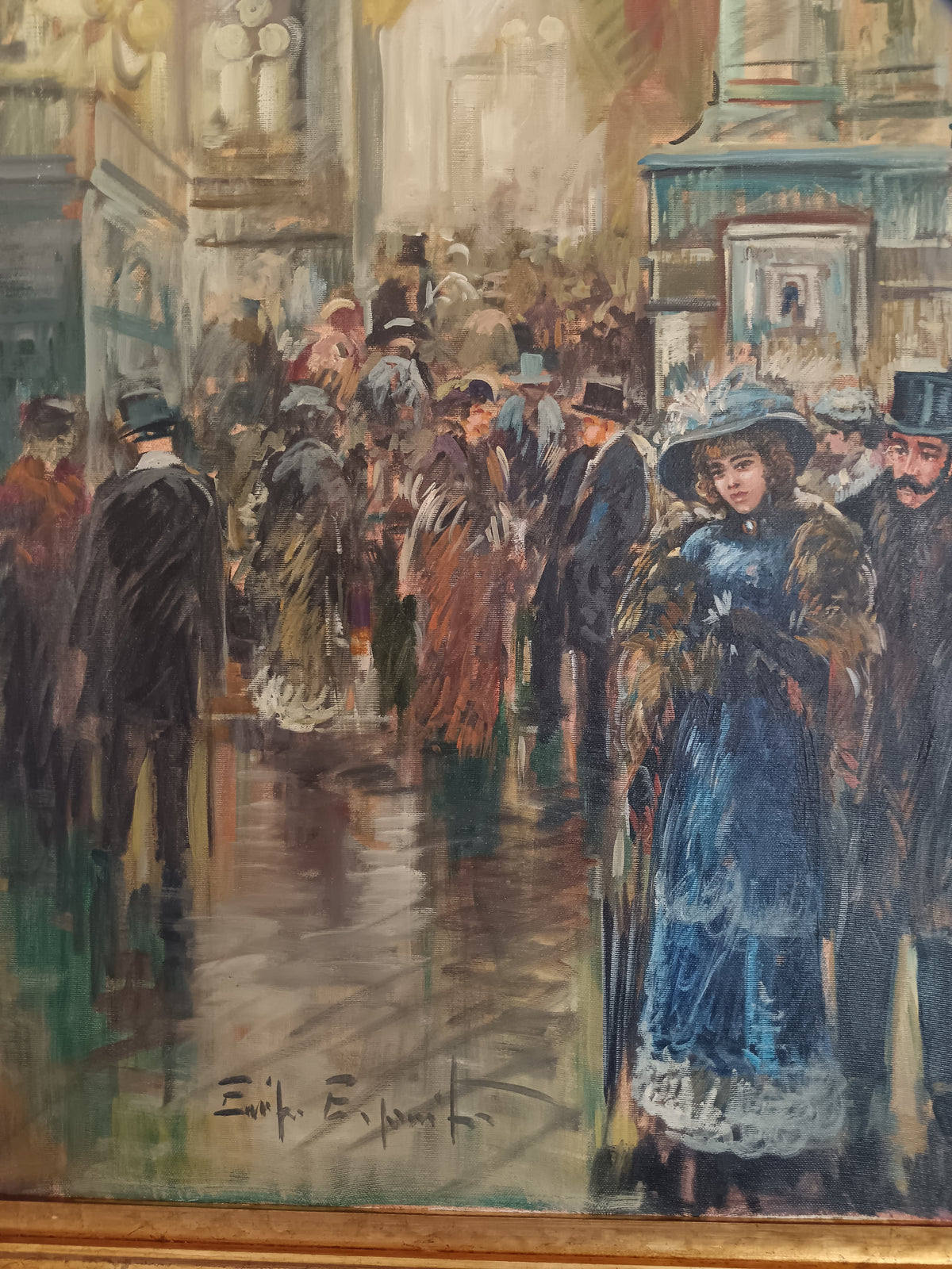 Eniko Esposito – Olio su Tela – Scena Parigina con Folla sotto la Pioggia – Cornice Dorata