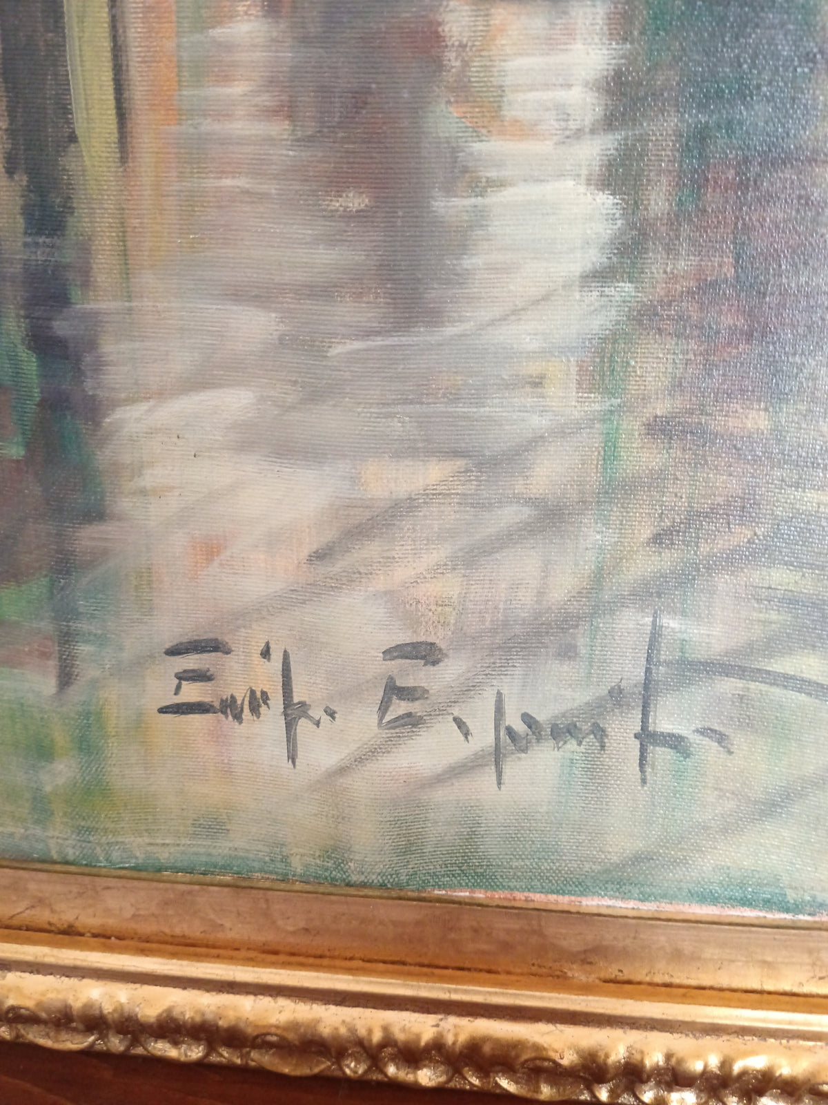 Eniko Esposito – Olio su Tela – Scena Parigina con Folla sotto la Pioggia – Cornice Dorata