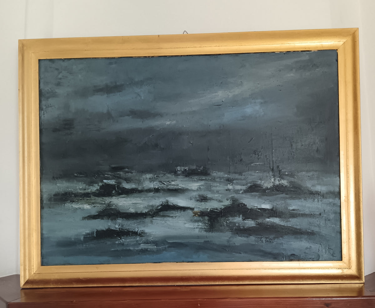 Sergio Gaggetta ( Venezia 1927) olio su tela titolo nevicata