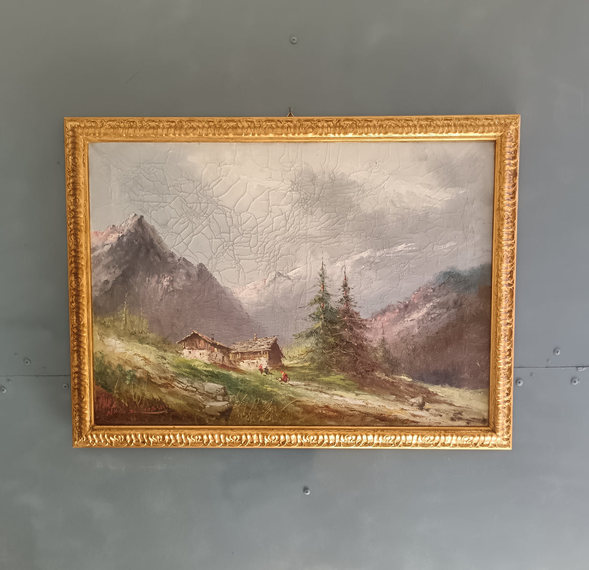 ATHOS BRIOSCHI Paesaggio Alpino con Baite Olio su Tela Firmato 50x70 cm