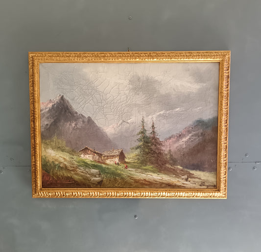 ATHOS BRIOSCHI Paesaggio Alpino con Baite Olio su Tela Firmato 50x70 cm