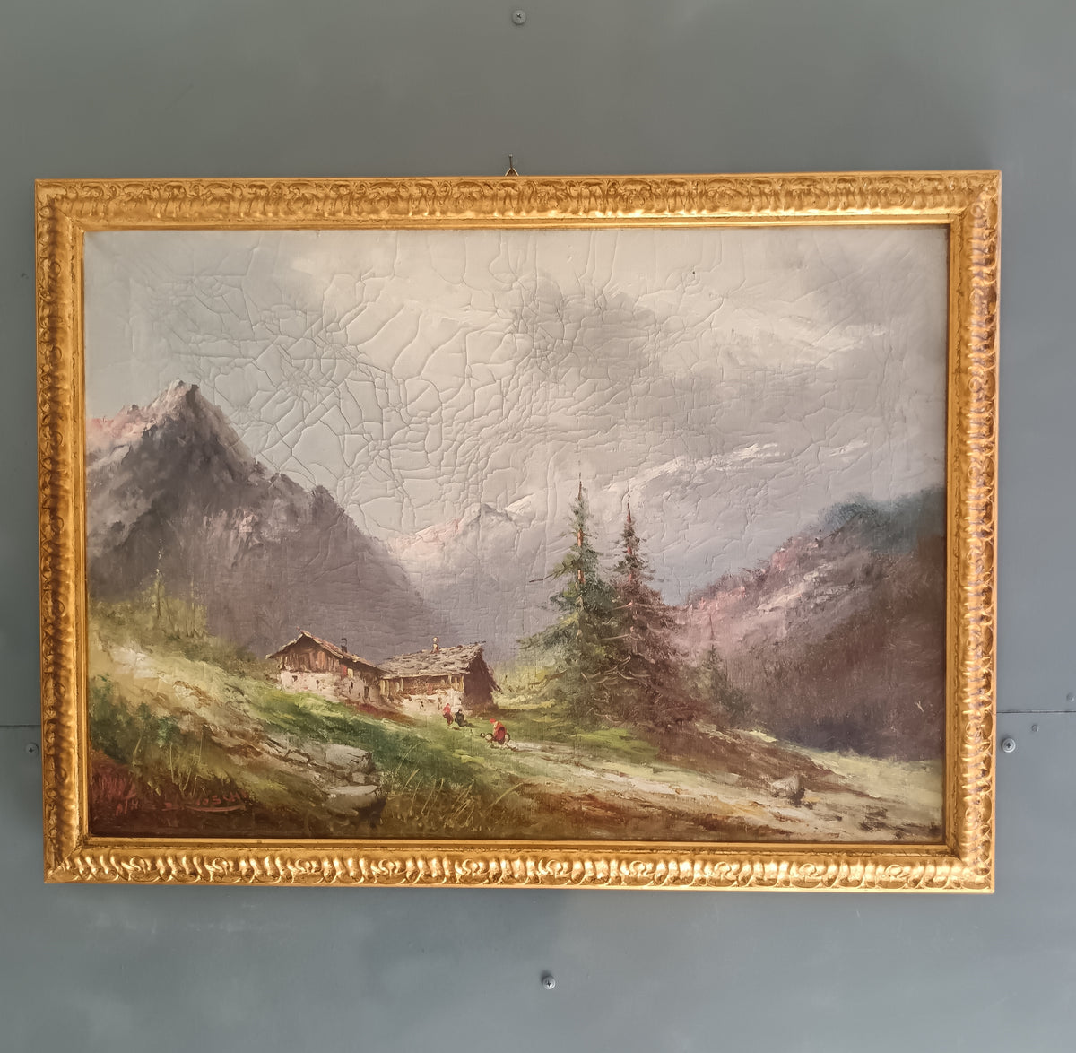 ATHOS BRIOSCHI Paesaggio Alpino con Baite Olio su Tela Firmato 50x70 cm
